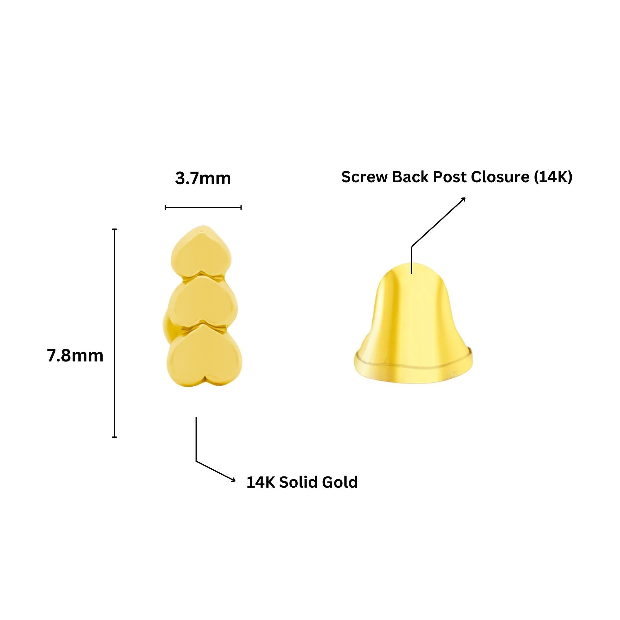 14K Solid Gold Graduating Heart Stud Earrings On Screw Back