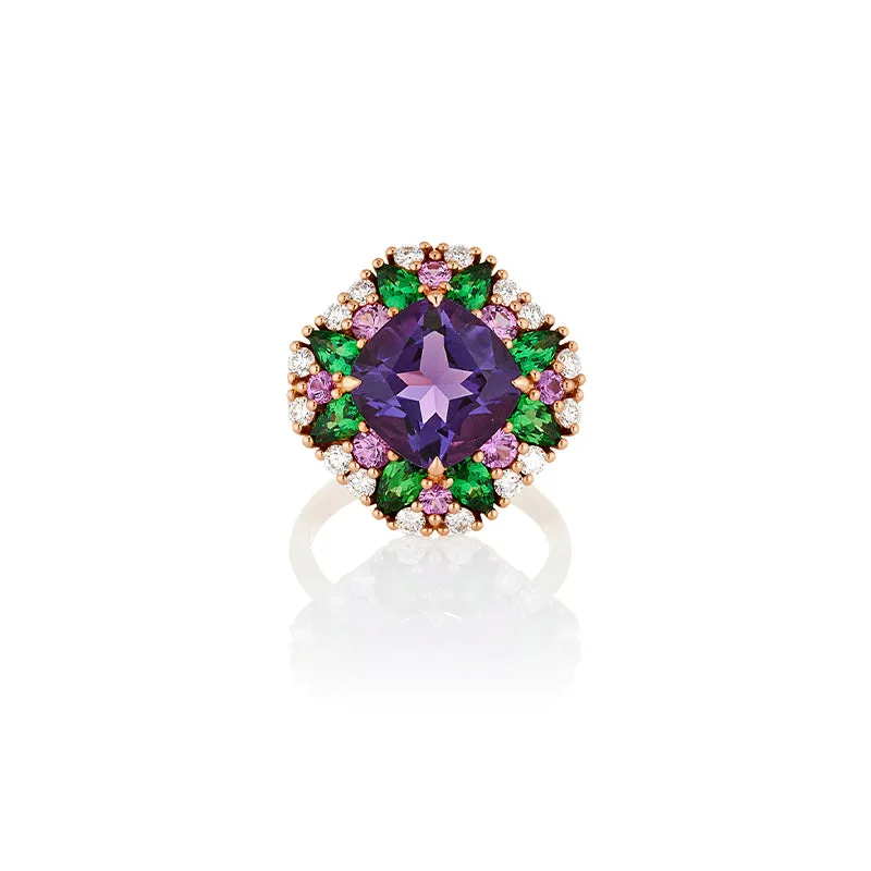 18CT ROSE GOLD AMETHYST, PINK SAPPHIRE, TSAVORITE GARNET & DIAMOND RING