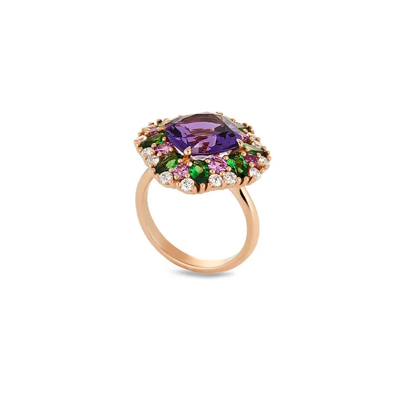 18CT ROSE GOLD AMETHYST, PINK SAPPHIRE, TSAVORITE GARNET & DIAMOND RING