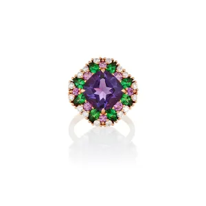 18CT ROSE GOLD AMETHYST, PINK SAPPHIRE, TSAVORITE GARNET & DIAMOND RING
