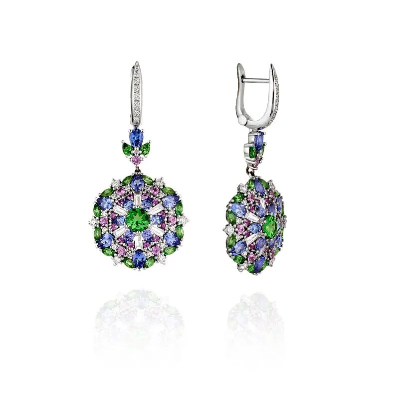 18CT WHITE GOLD DIAMOND, PINK SAPPHIRE, TANZANITE & TSAVORITE EARRINGS