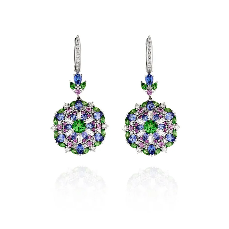 18CT WHITE GOLD DIAMOND, PINK SAPPHIRE, TANZANITE & TSAVORITE EARRINGS