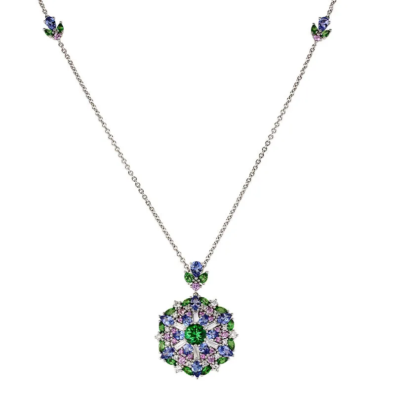 18CT WHITE GOLD DIAMOND, PINK SAPPHIRE, TANZANITE & TSAVORITE NECKLACE