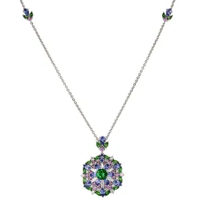 18CT WHITE GOLD DIAMOND, PINK SAPPHIRE, TANZANITE & TSAVORITE NECKLACE