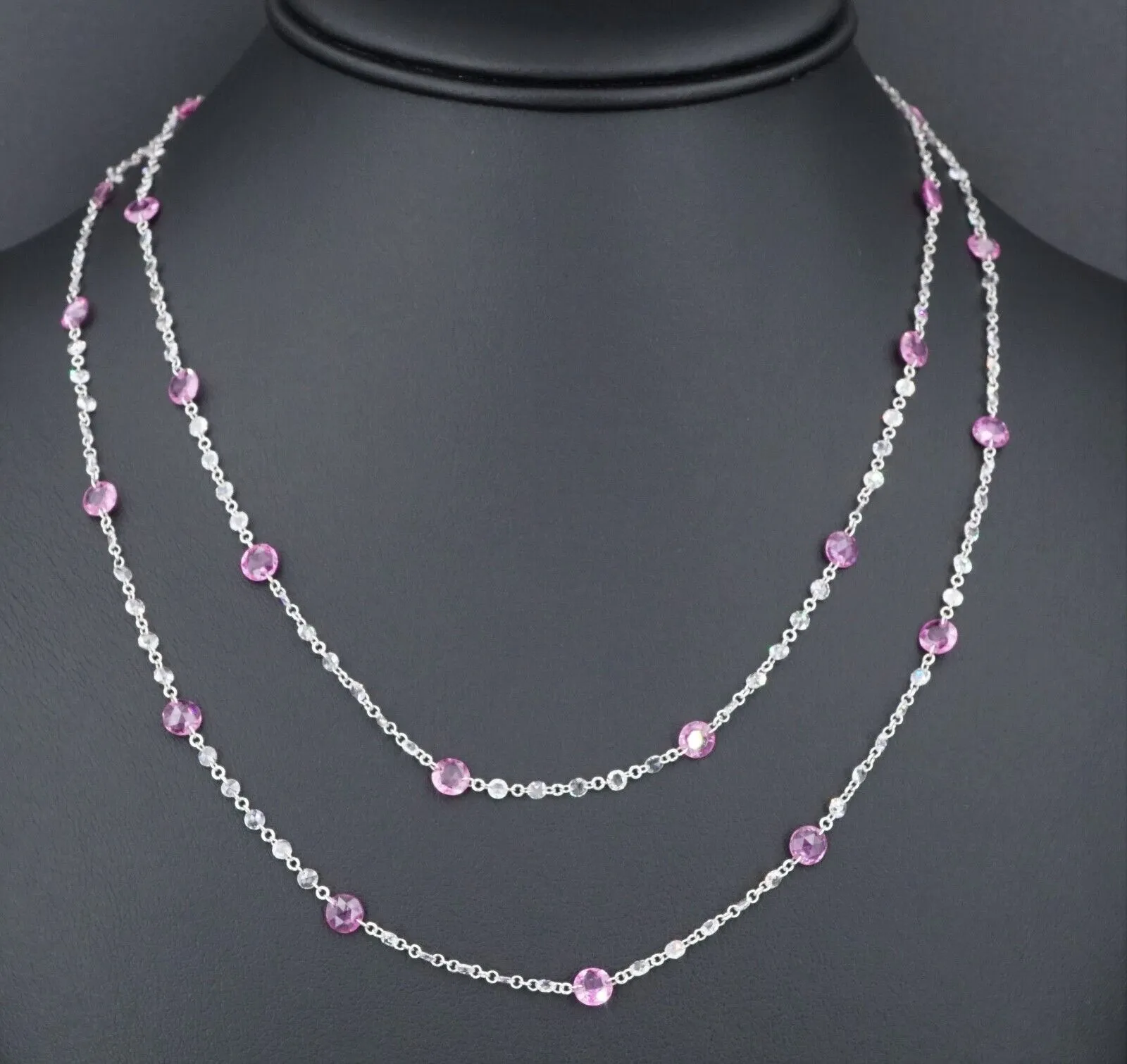 18k Dancing Diamond Station Necklace Pink Sapphire White Gold 36" NG1029
