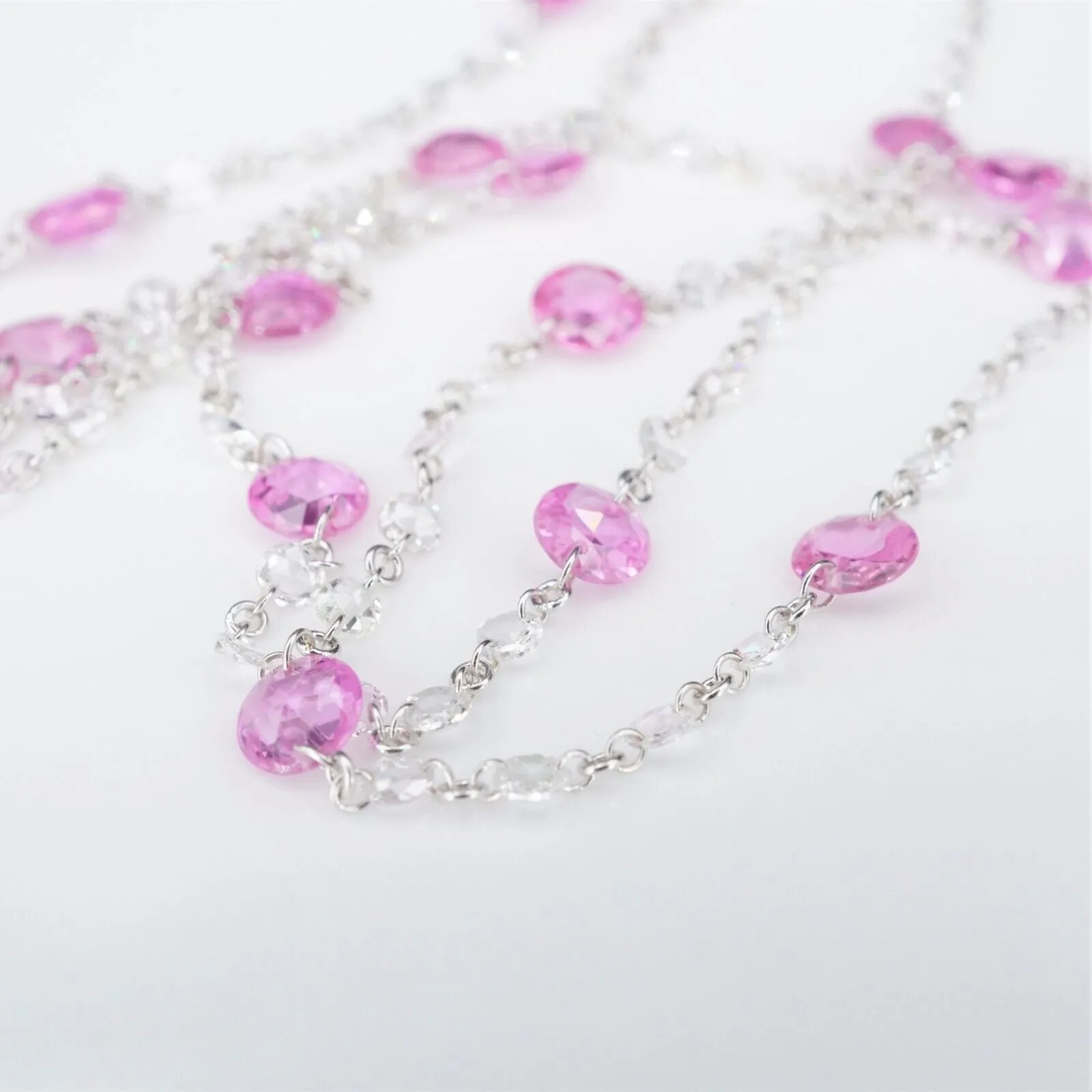 18k Dancing Diamond Station Necklace Pink Sapphire White Gold 36" NG1029