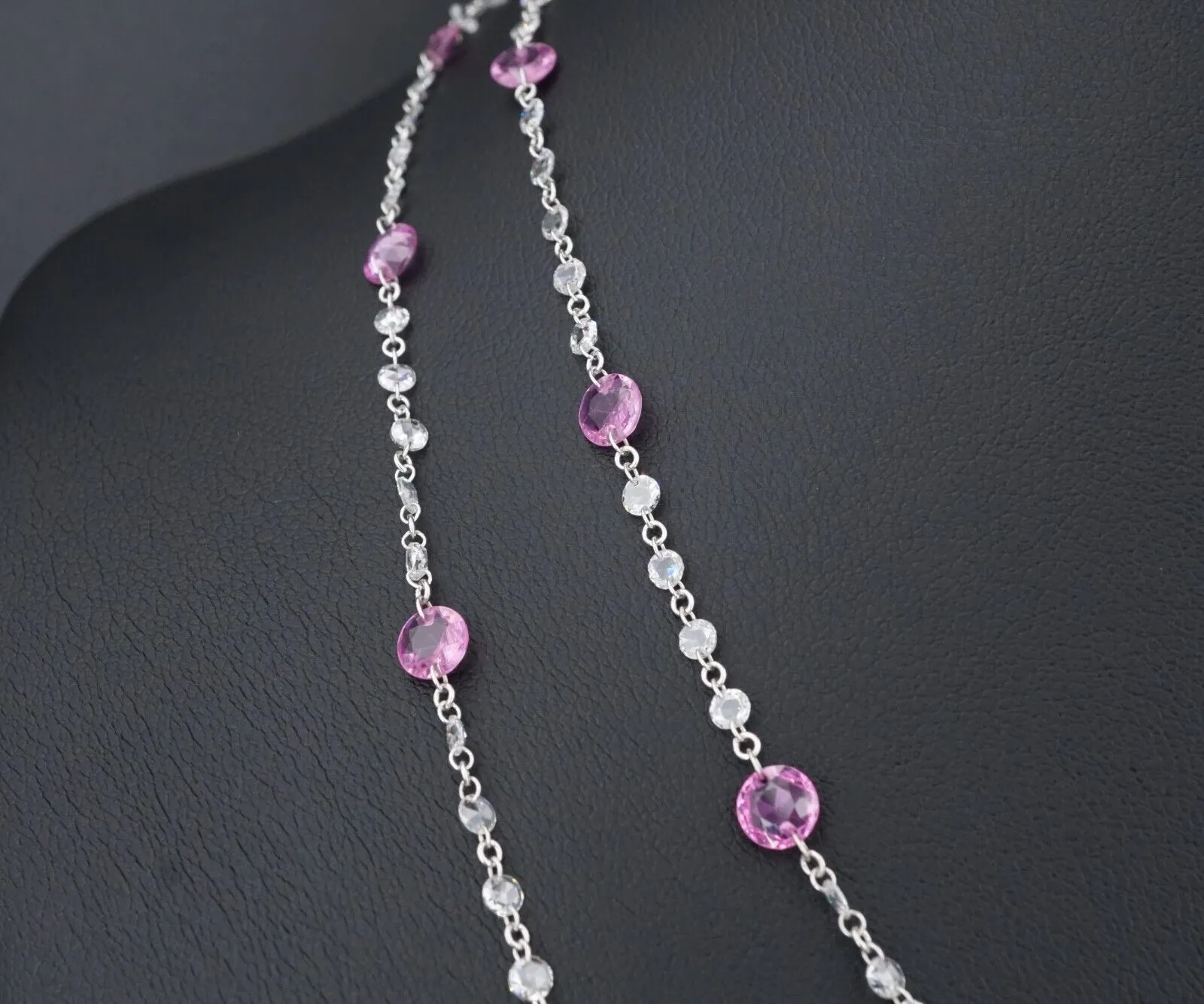 18k Dancing Diamond Station Necklace Pink Sapphire White Gold 36" NG1029