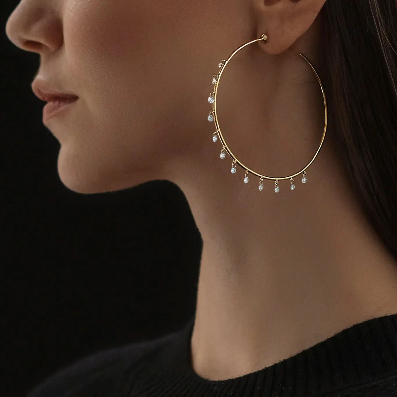 18k Yellow Gold Floating Diamond Hoop Earrings