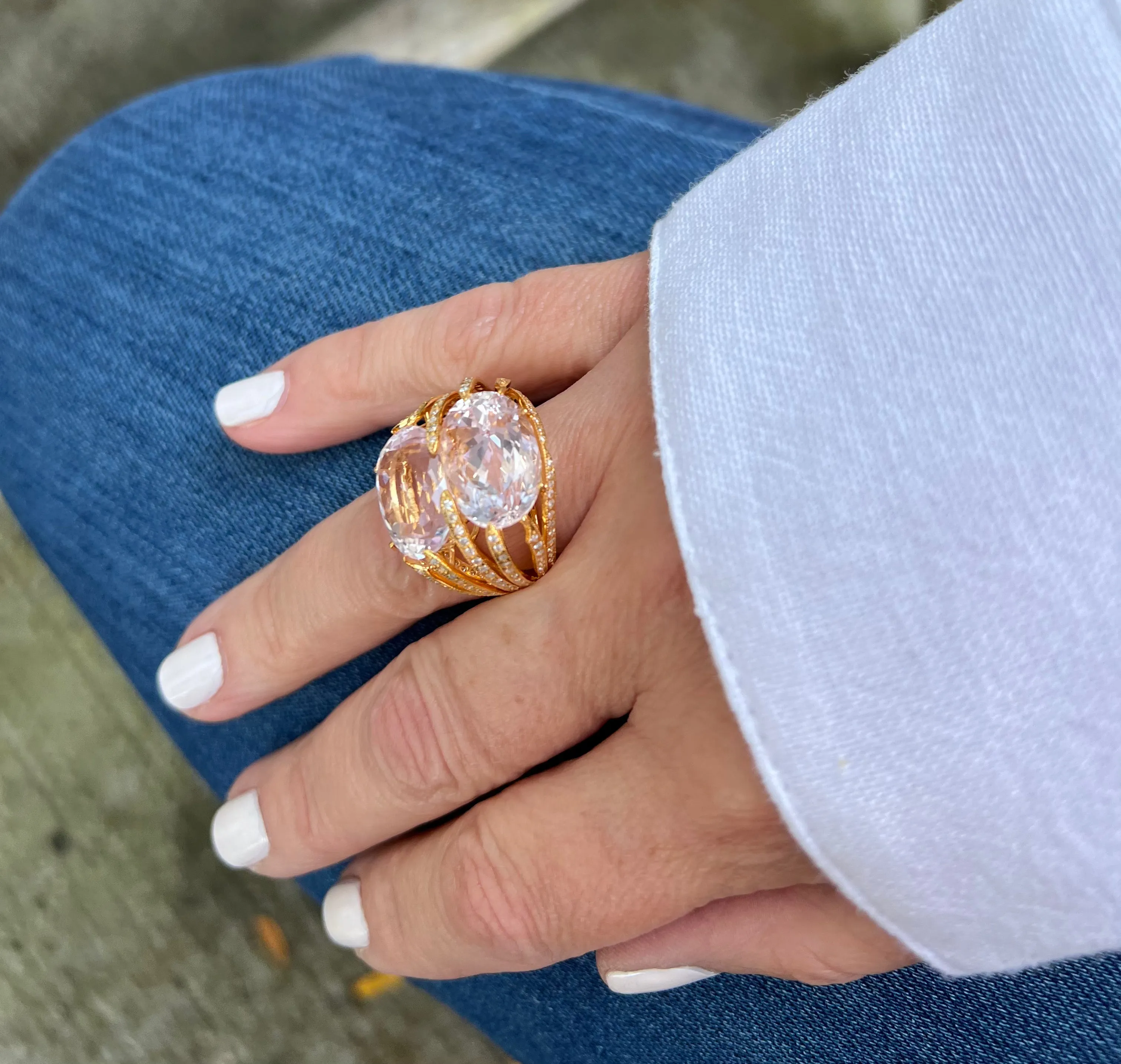 18kt Yellow Gold Kunzite Ring with Pav Diamonds