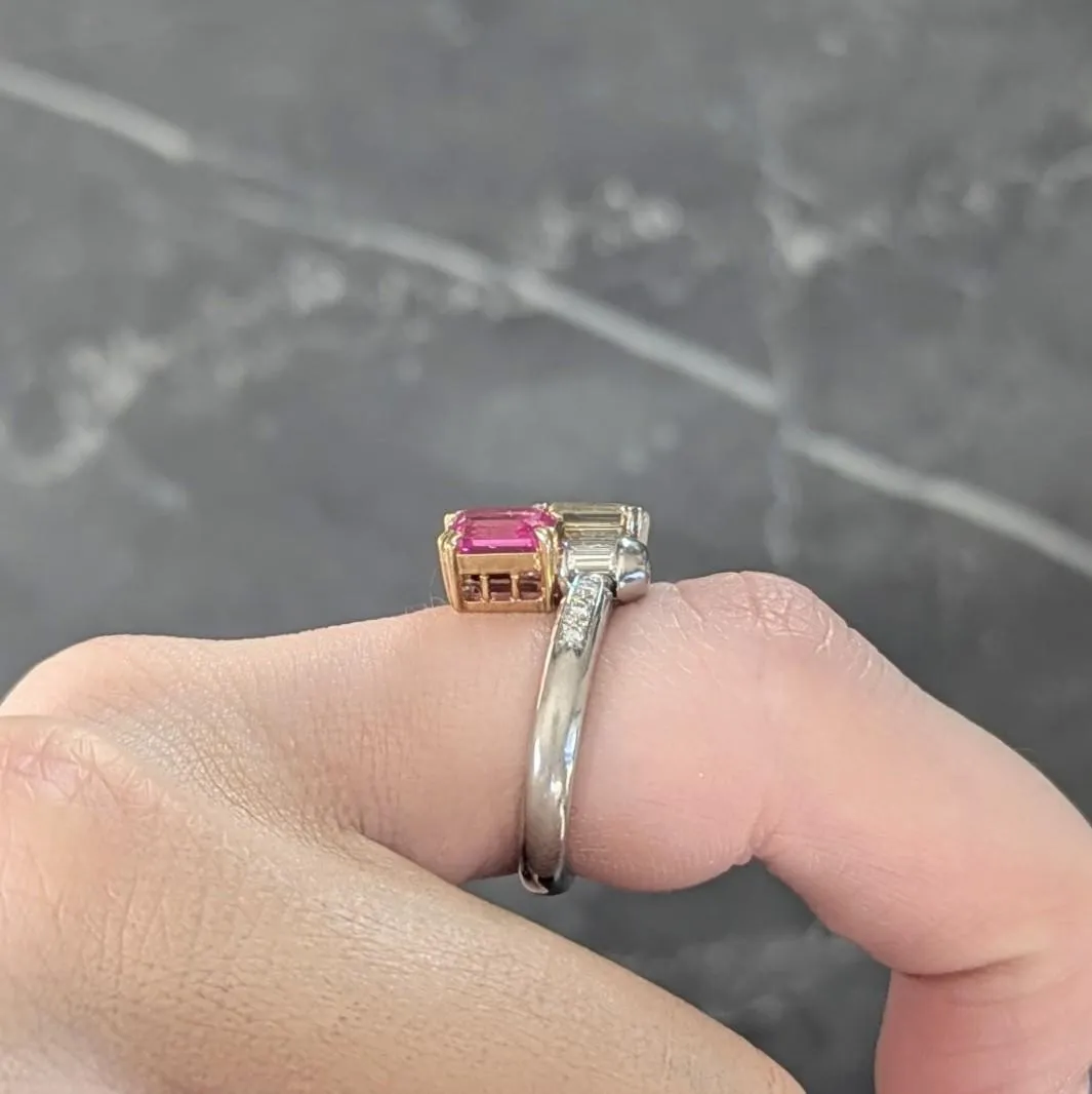 2000's Pink Sapphire Fancy Yellow Diamond Ruby Platinum 18 Karat Gold Toi-Et-Moi Bypass Ring