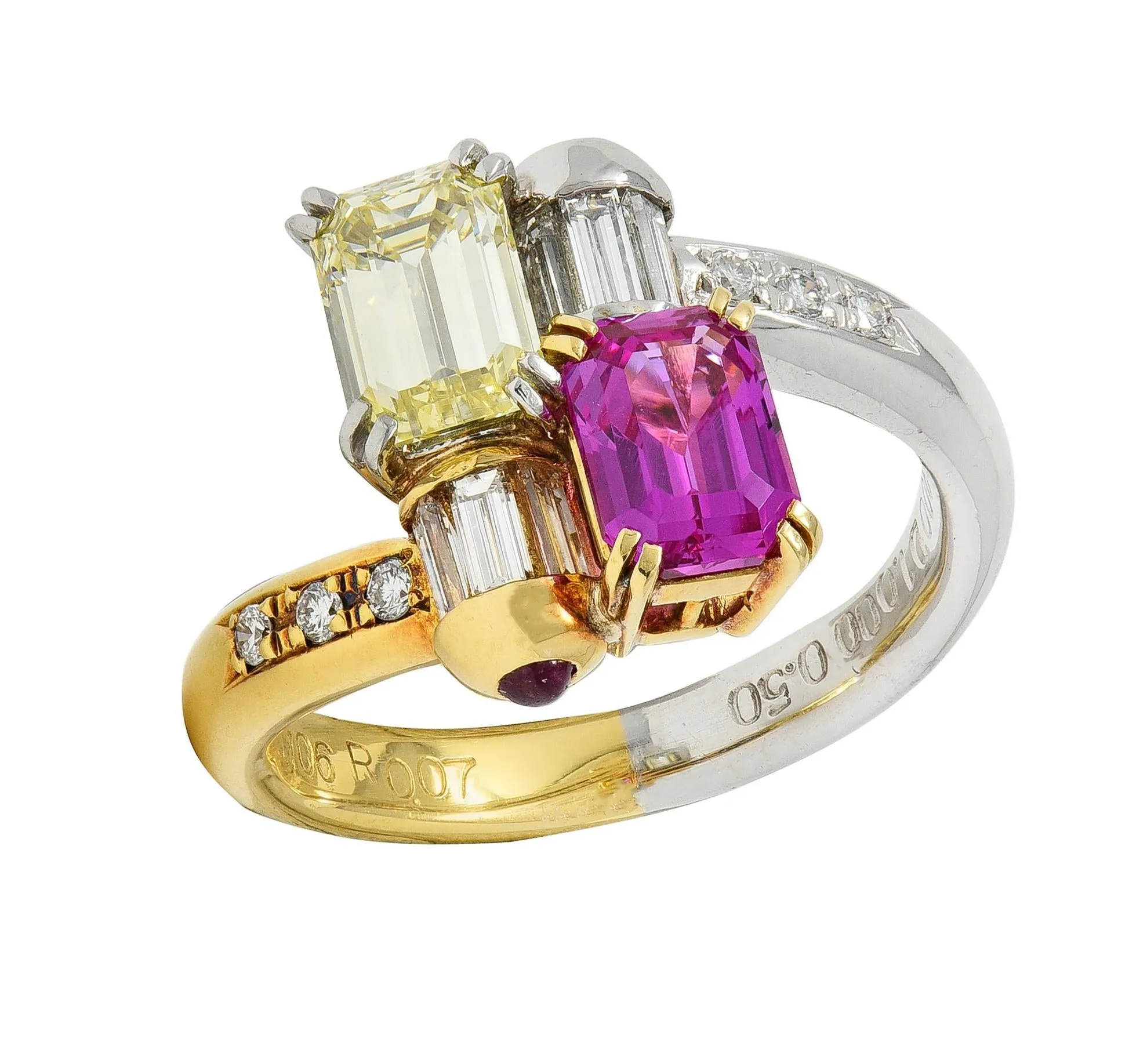 2000's Pink Sapphire Fancy Yellow Diamond Ruby Platinum 18 Karat Gold Toi-Et-Moi Bypass Ring