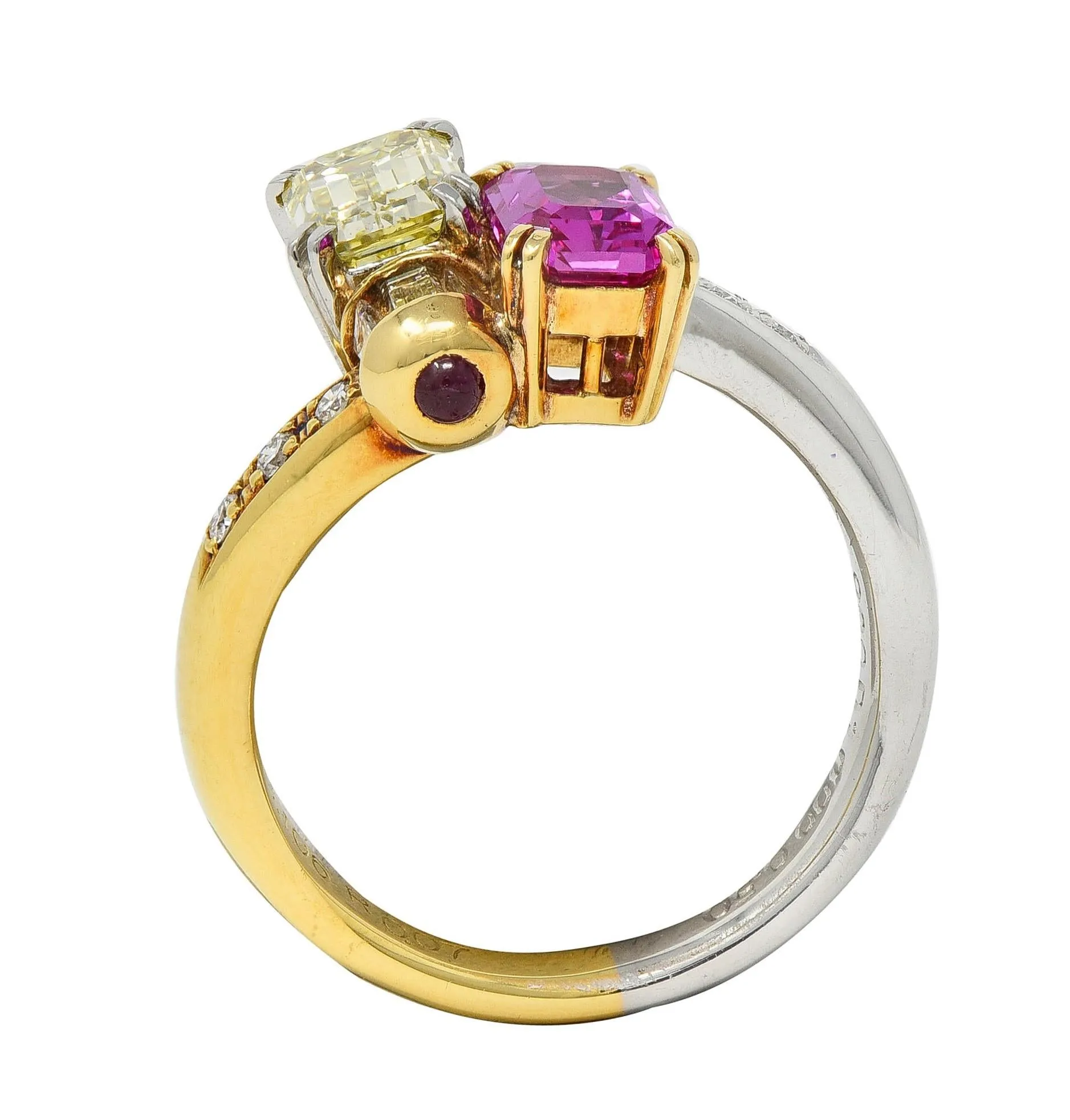 2000's Pink Sapphire Fancy Yellow Diamond Ruby Platinum 18 Karat Gold Toi-Et-Moi Bypass Ring