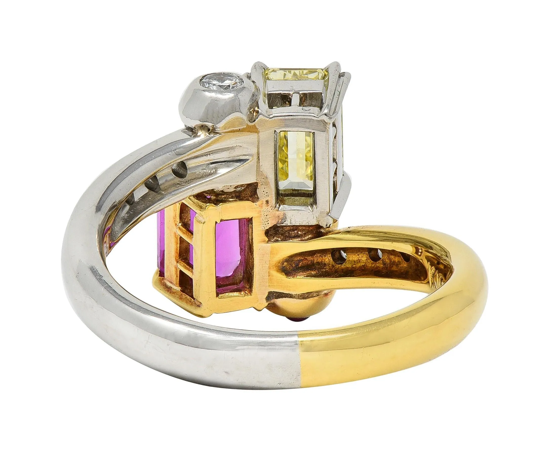 2000's Pink Sapphire Fancy Yellow Diamond Ruby Platinum 18 Karat Gold Toi-Et-Moi Bypass Ring