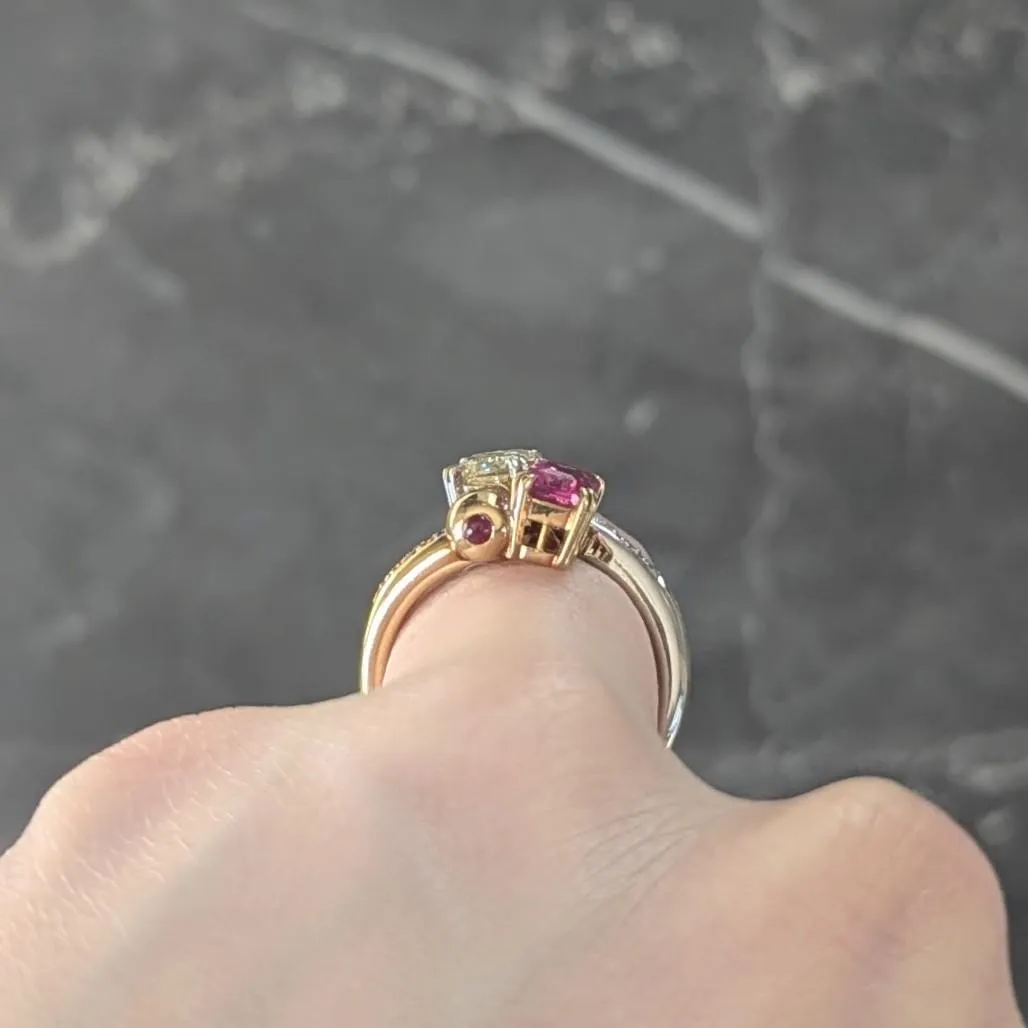 2000's Pink Sapphire Fancy Yellow Diamond Ruby Platinum 18 Karat Gold Toi-Et-Moi Bypass Ring