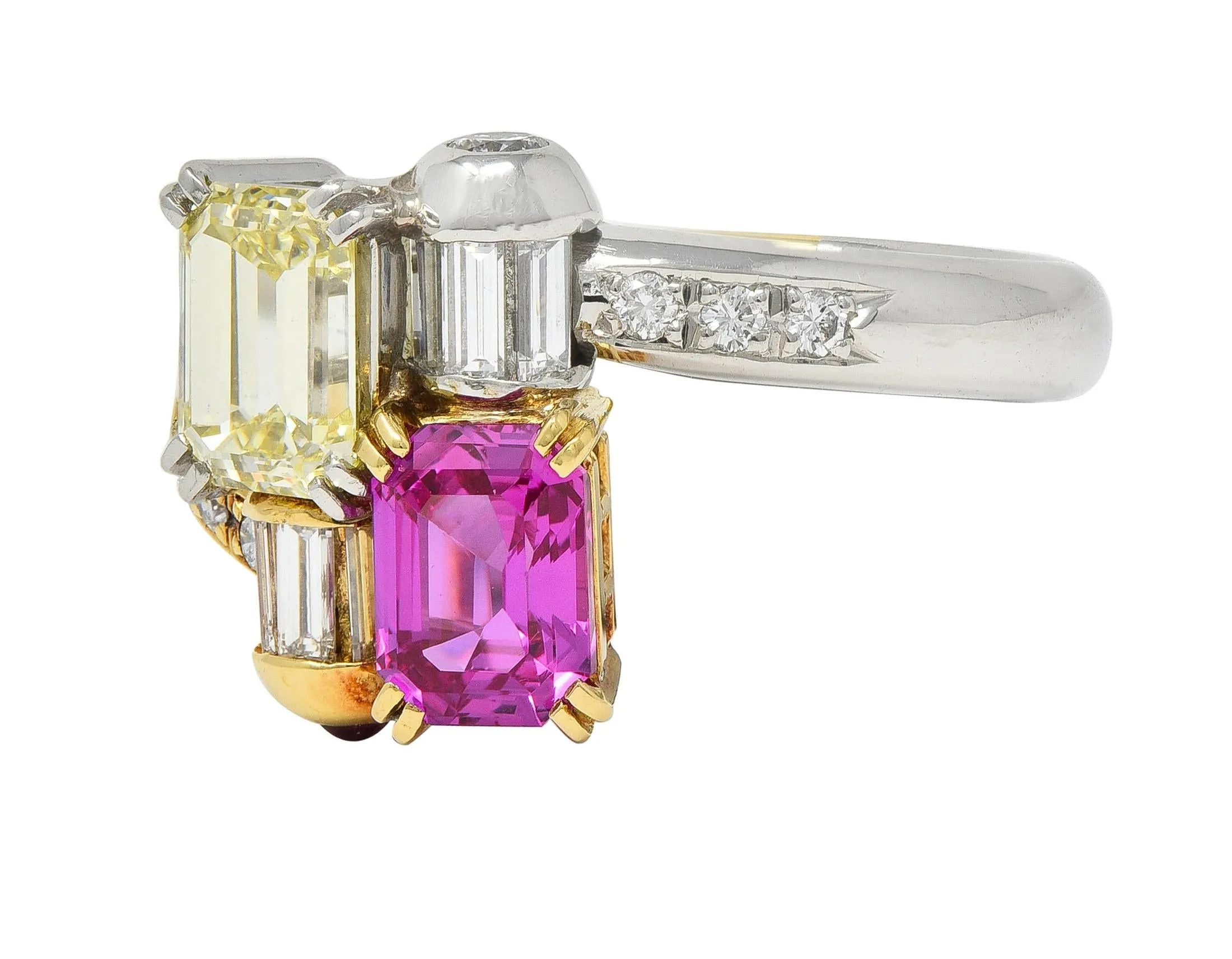 2000's Pink Sapphire Fancy Yellow Diamond Ruby Platinum 18 Karat Gold Toi-Et-Moi Bypass Ring