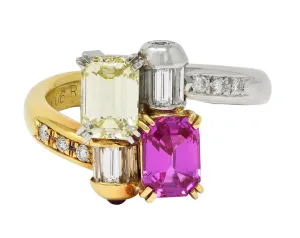 2000's Pink Sapphire Fancy Yellow Diamond Ruby Platinum 18 Karat Gold Toi-Et-Moi Bypass Ring