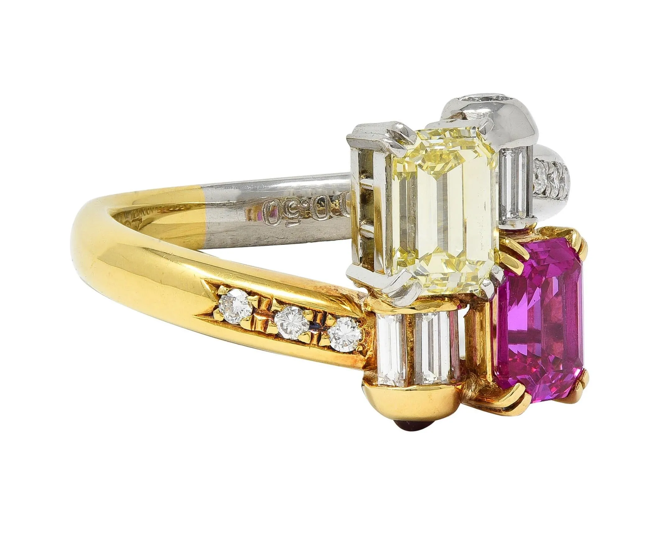 2000's Pink Sapphire Fancy Yellow Diamond Ruby Platinum 18 Karat Gold Toi-Et-Moi Bypass Ring