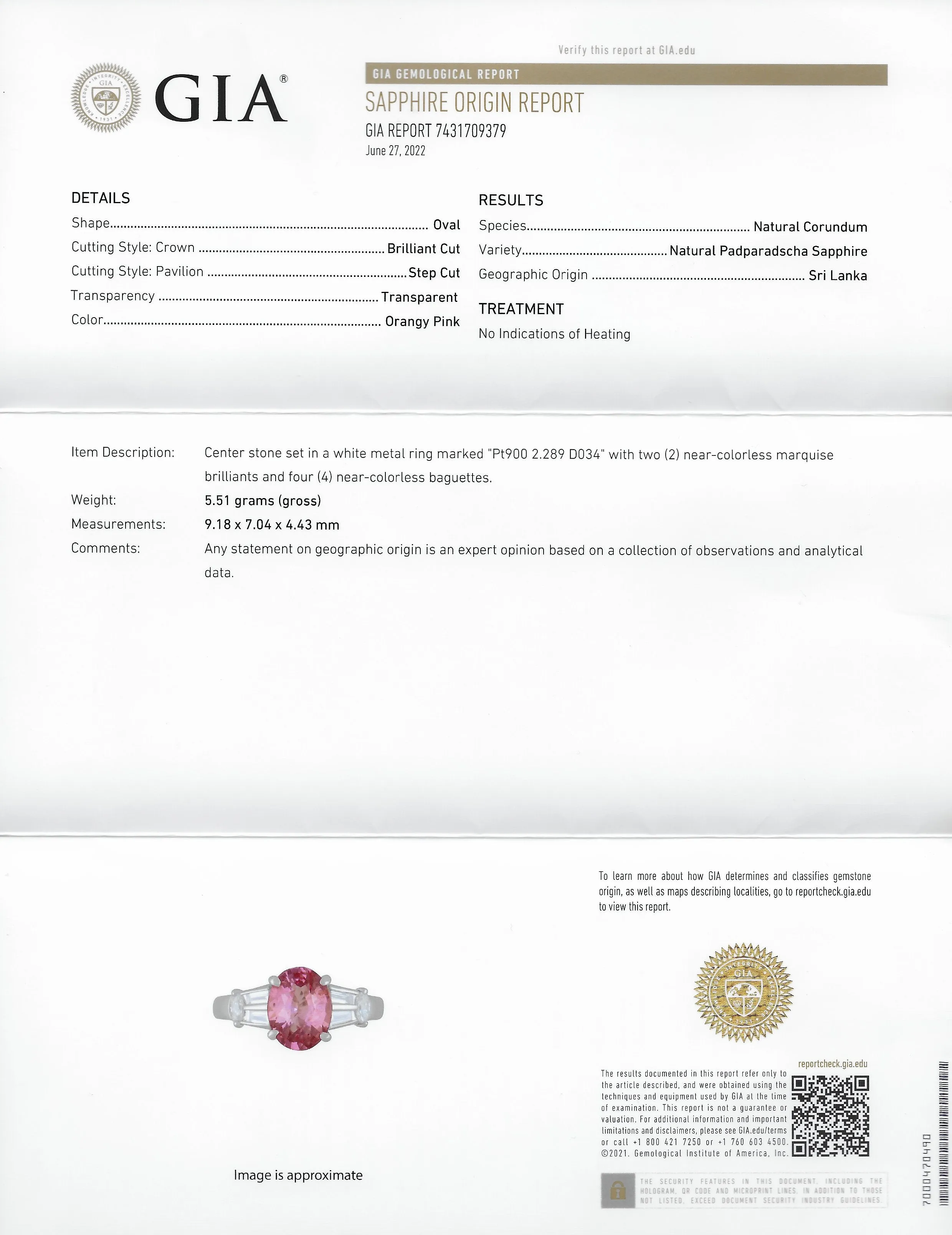 2.63 CTW No Heat Padparadscha Sapphire Diamond Platinum Gemstone Ring GIA
