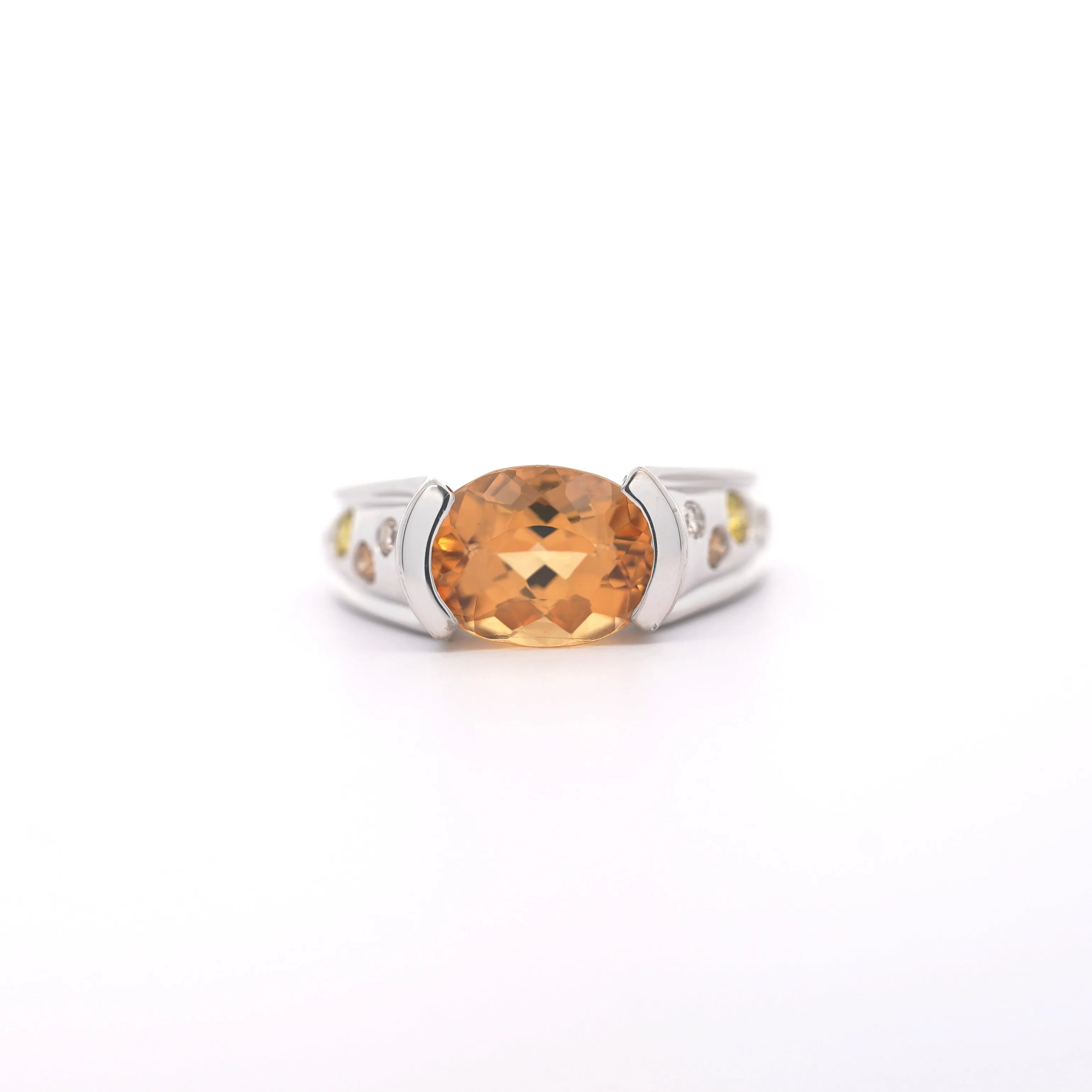 3.07 Carat Orange Precious Topaz & Floating Diamond Ring in East West Setting