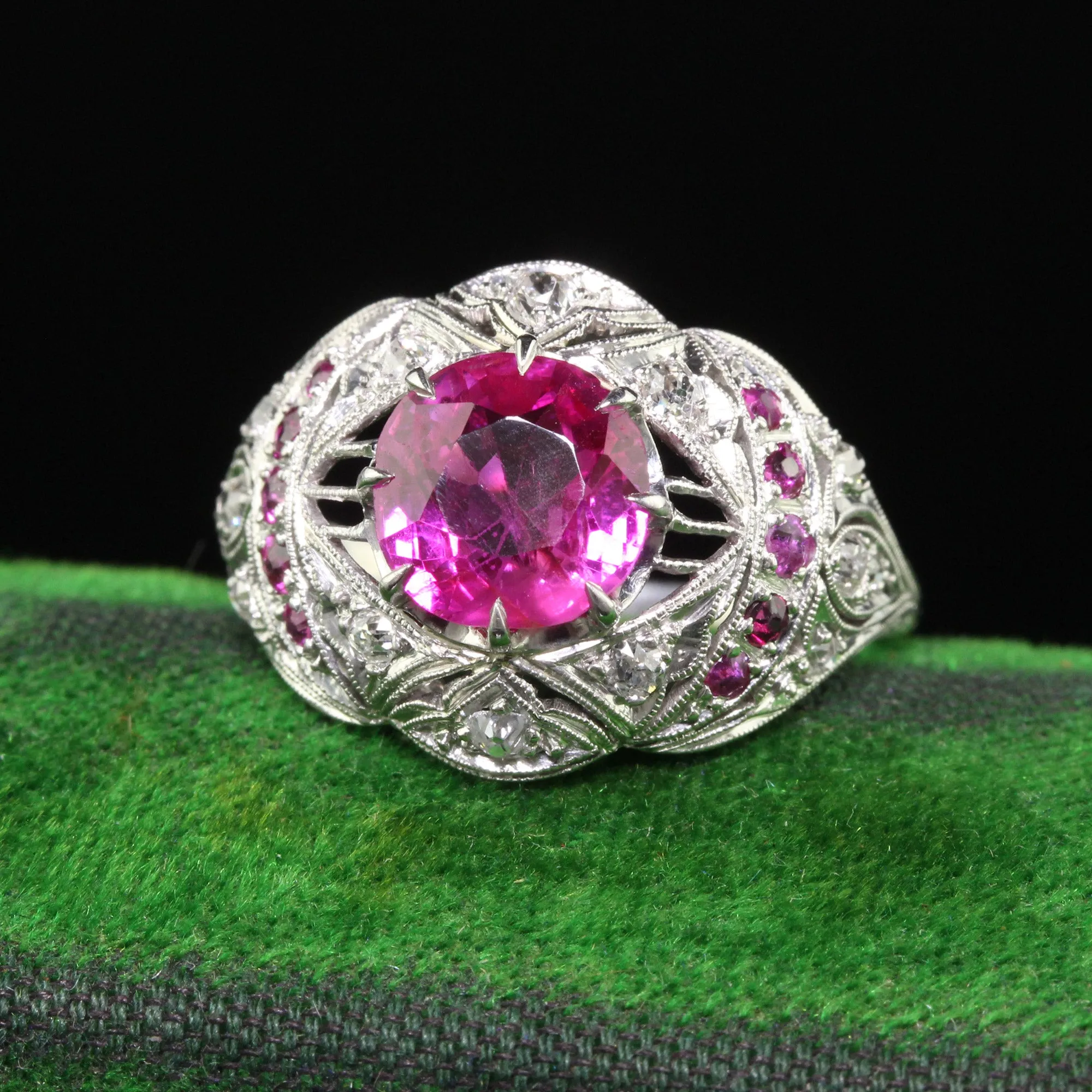Antique Art Deco Platinum Burma Pink Sapphire and Diamond Filigree Engagement Ring - GIA