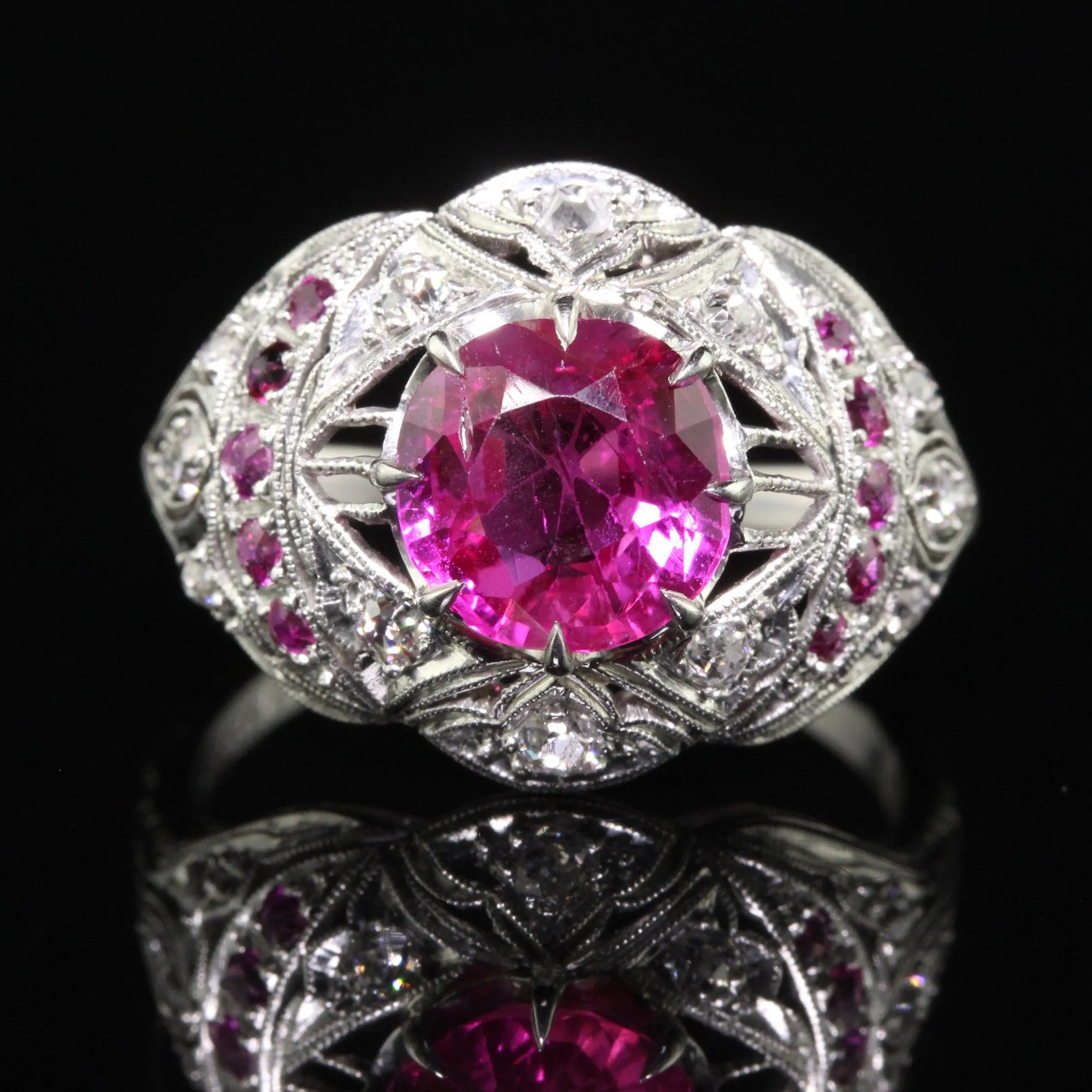Antique Art Deco Platinum Burma Pink Sapphire and Diamond Filigree Engagement Ring - GIA