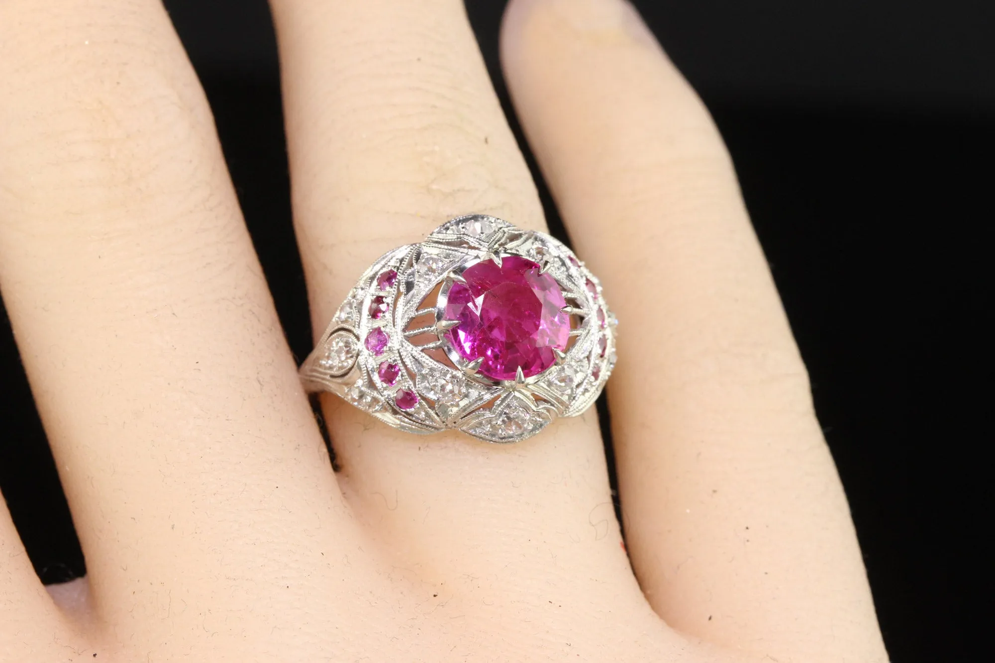 Antique Art Deco Platinum Burma Pink Sapphire and Diamond Filigree Engagement Ring - GIA