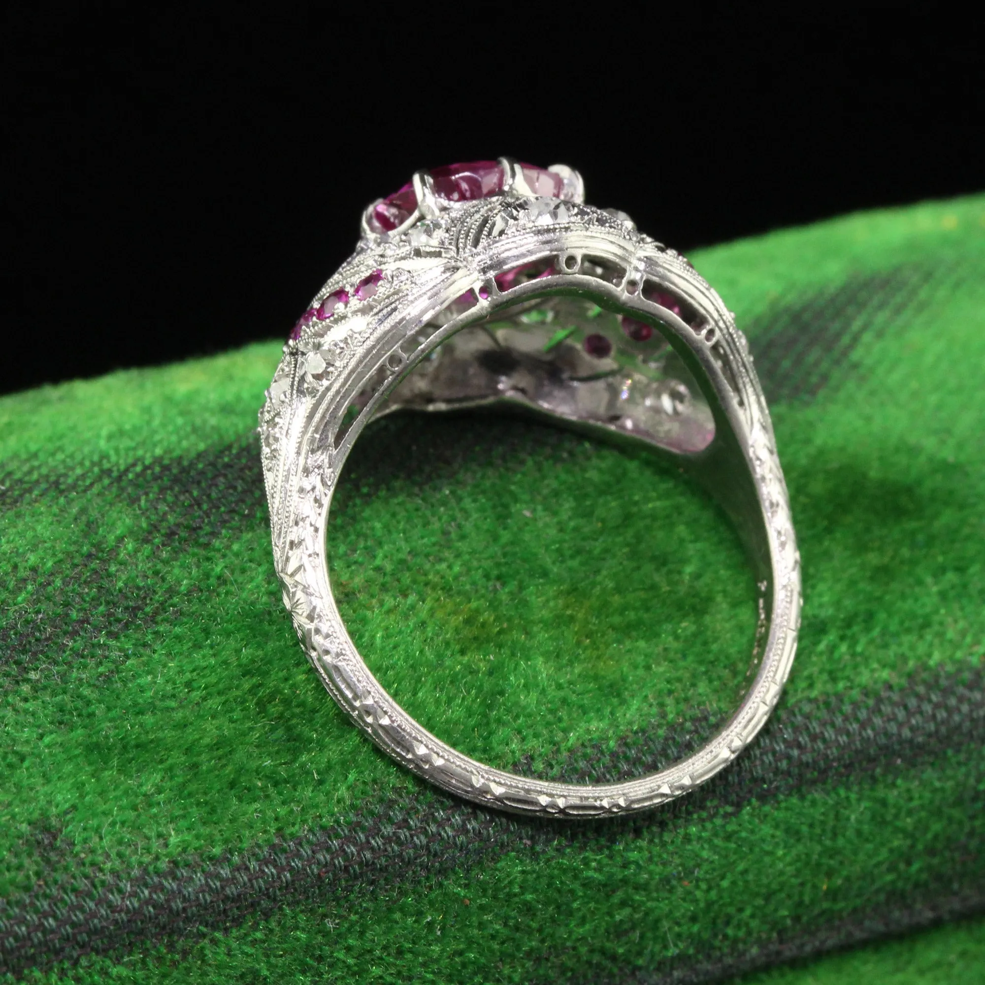 Antique Art Deco Platinum Burma Pink Sapphire and Diamond Filigree Engagement Ring - GIA