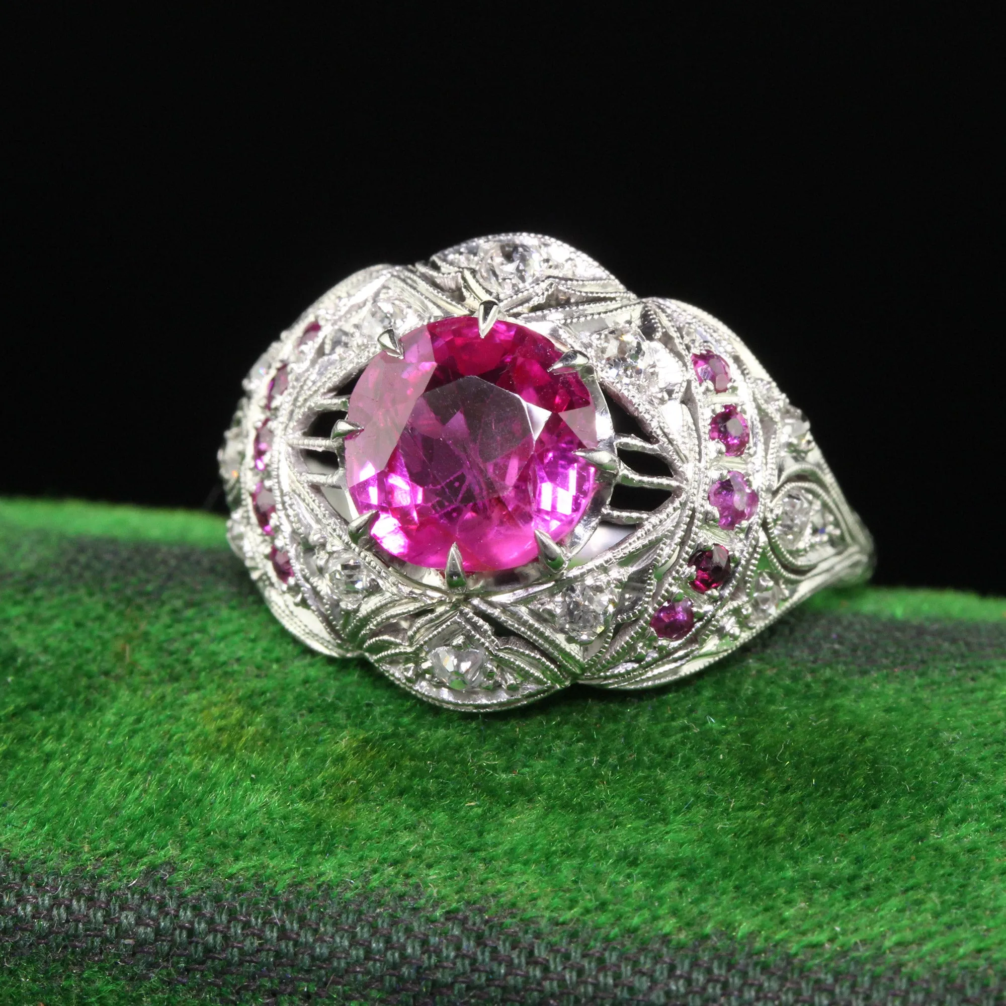 Antique Art Deco Platinum Burma Pink Sapphire and Diamond Filigree Engagement Ring - GIA