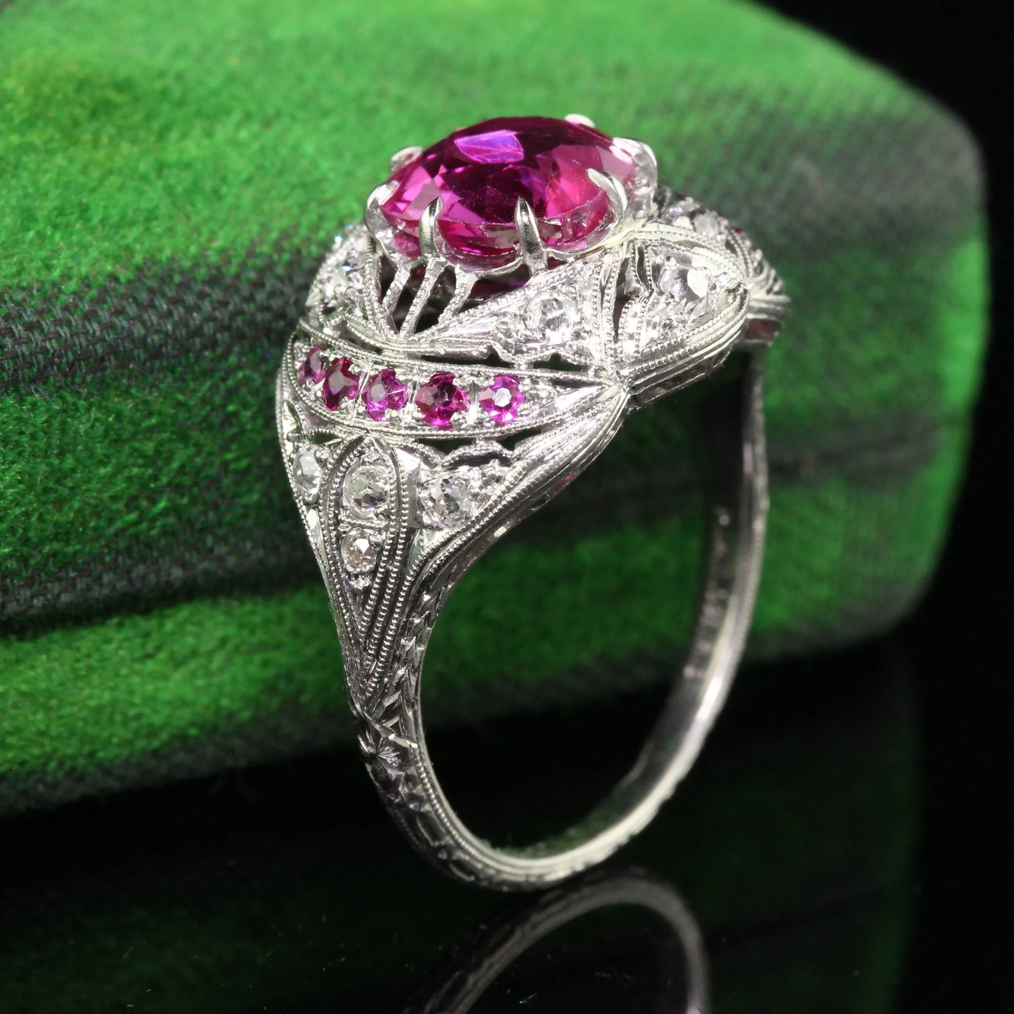 Antique Art Deco Platinum Burma Pink Sapphire and Diamond Filigree Engagement Ring - GIA