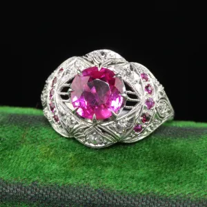 Antique Art Deco Platinum Burma Pink Sapphire and Diamond Filigree Engagement Ring - GIA