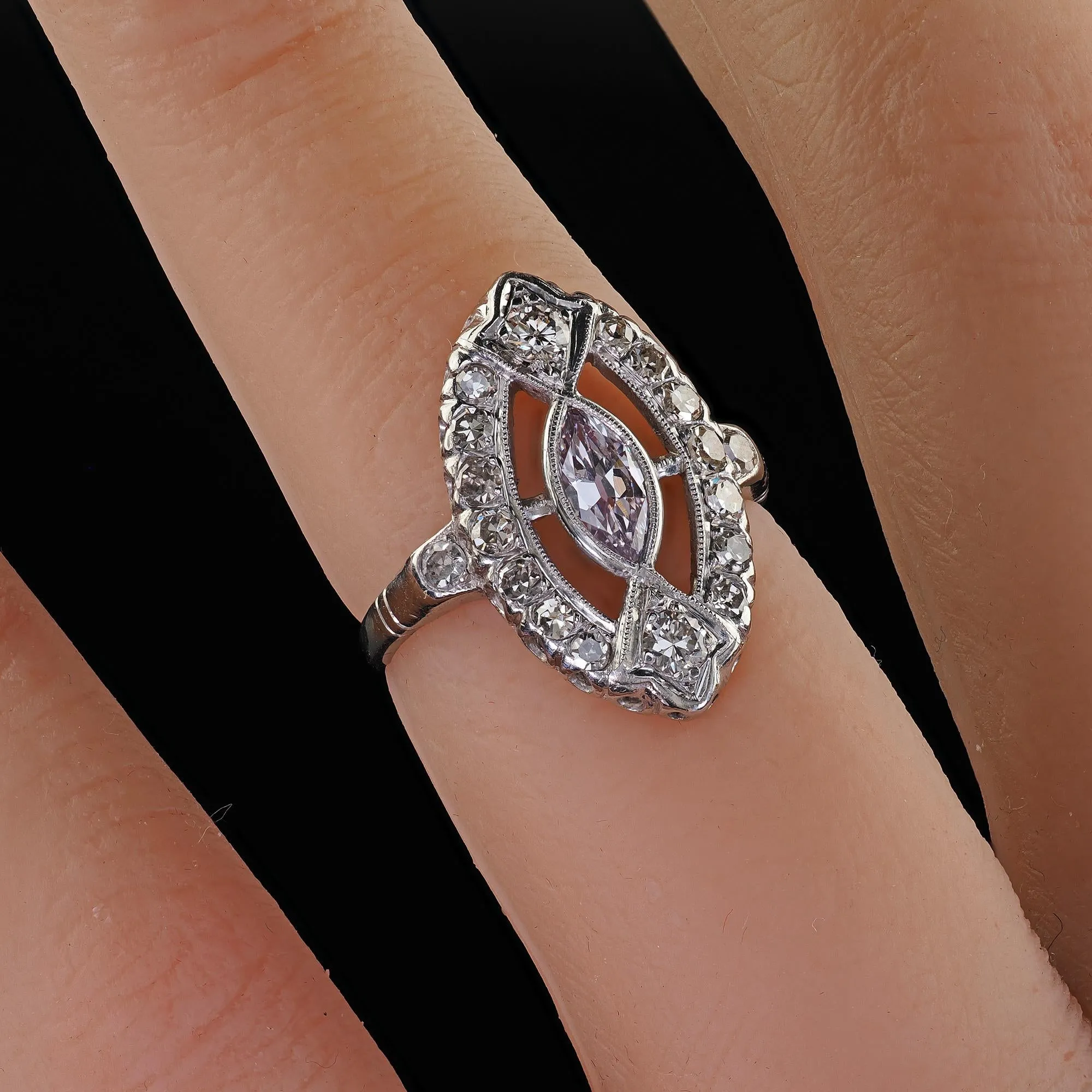Antique Art Deco Platinum Light Purple Marquise Diamond Engagement Ring - GIA