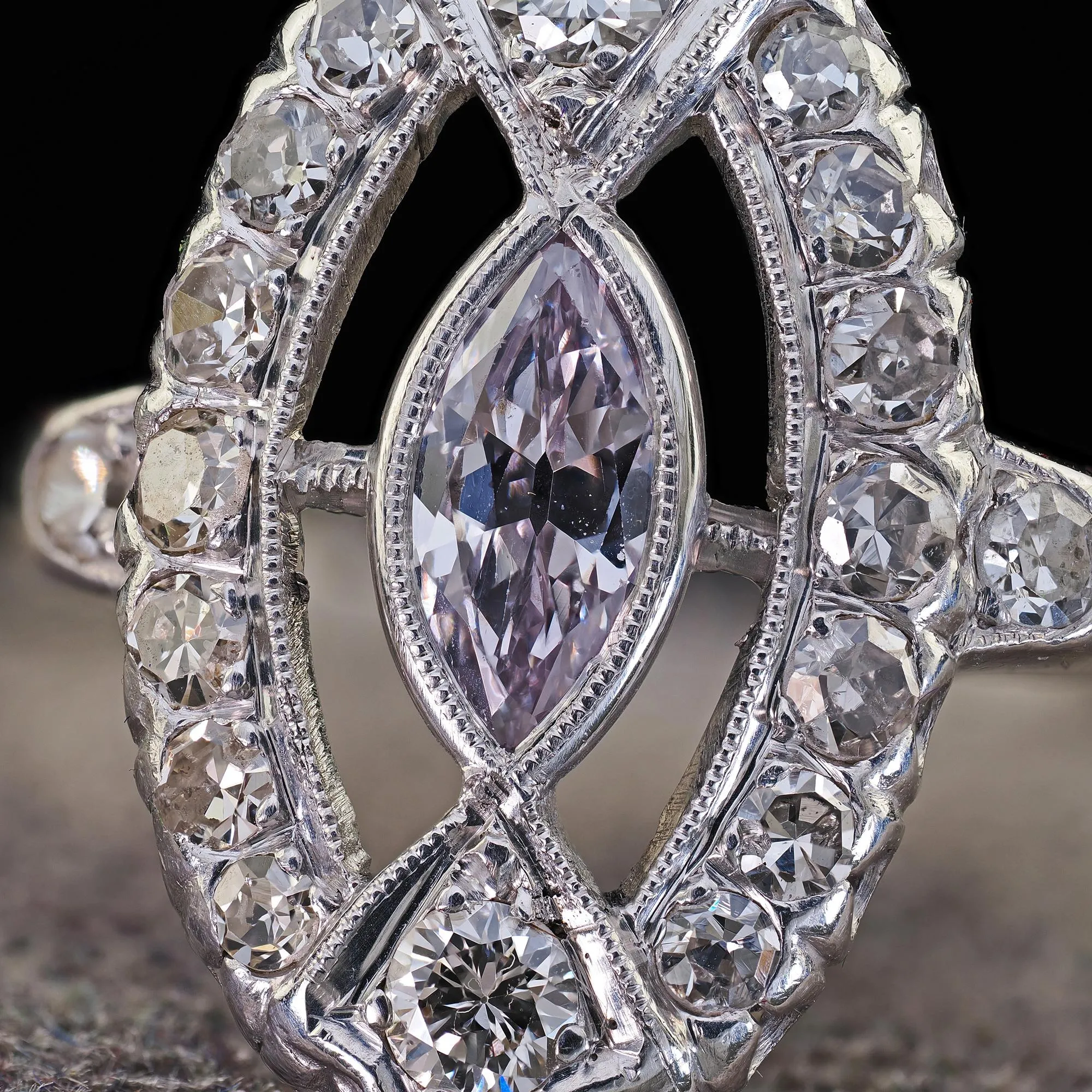 Antique Art Deco Platinum Light Purple Marquise Diamond Engagement Ring - GIA