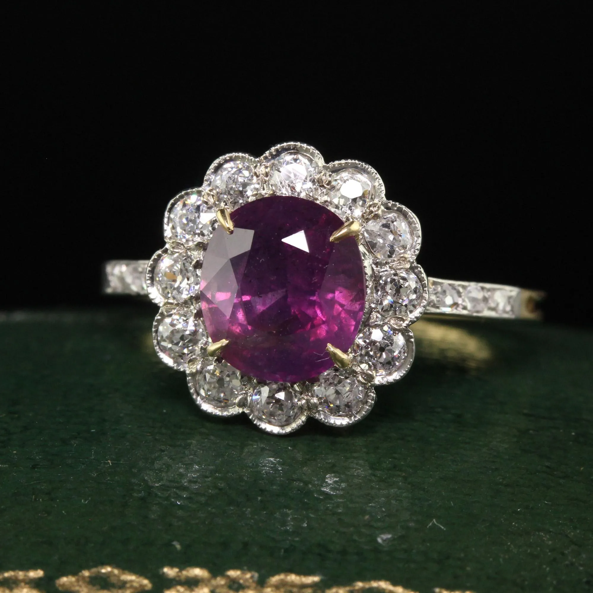 Antique Edwardian 18K Yellow Gold Platinum Kashmir Sapphire Engagement Ring - IGI