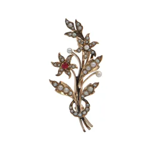 Antique Victorian Pink Sapphire and Seed Pearl Flower 9k Gold Brooch