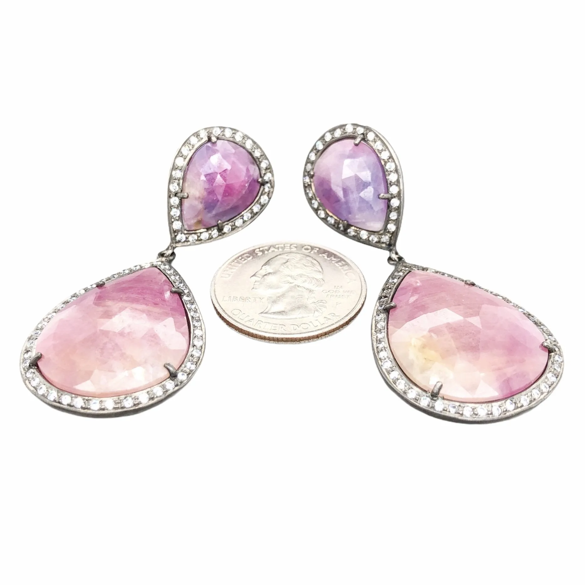 Antiqued SS Pink Sapphire & White Topaz Dangle Earrings