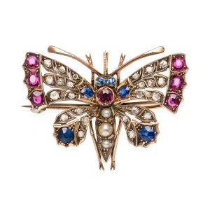 Art Nouveau 14kt/Sterling, Sapphire, Ruby, Diamond   Pearl Butterfly Pin/Pendant