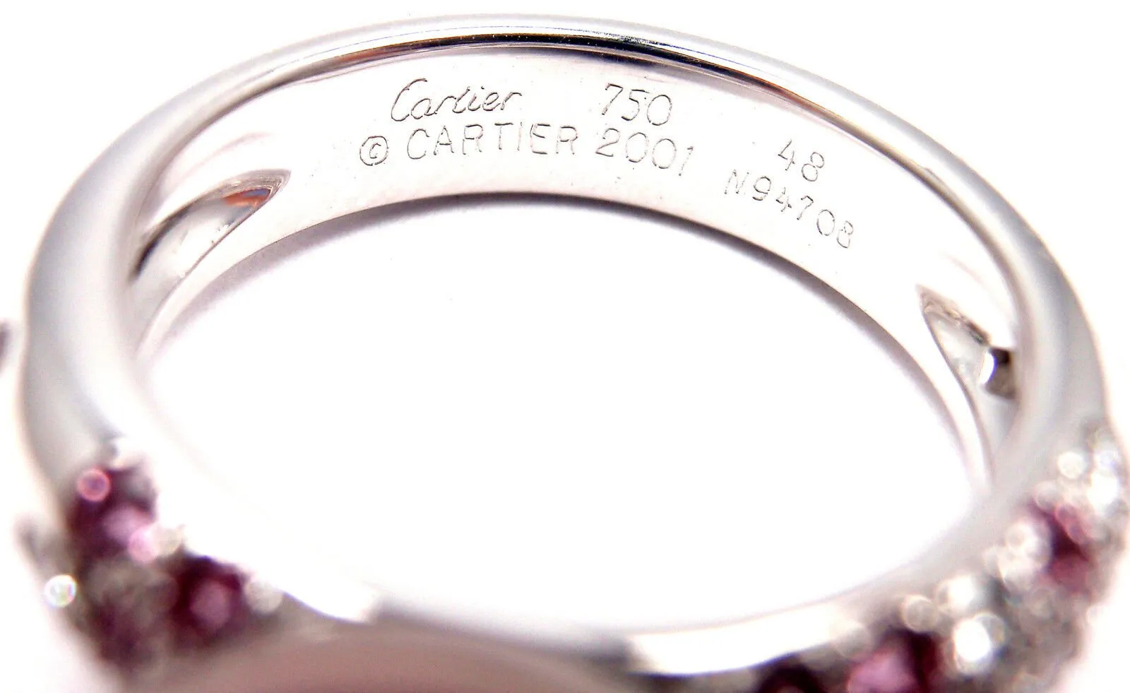 Authentic! Cartier 18K White Gold Tahitian Pearl Diamond Pink Sapphire Ring