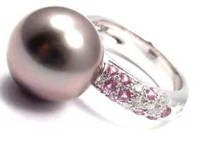 Authentic! Cartier 18K White Gold Tahitian Pearl Diamond Pink Sapphire Ring