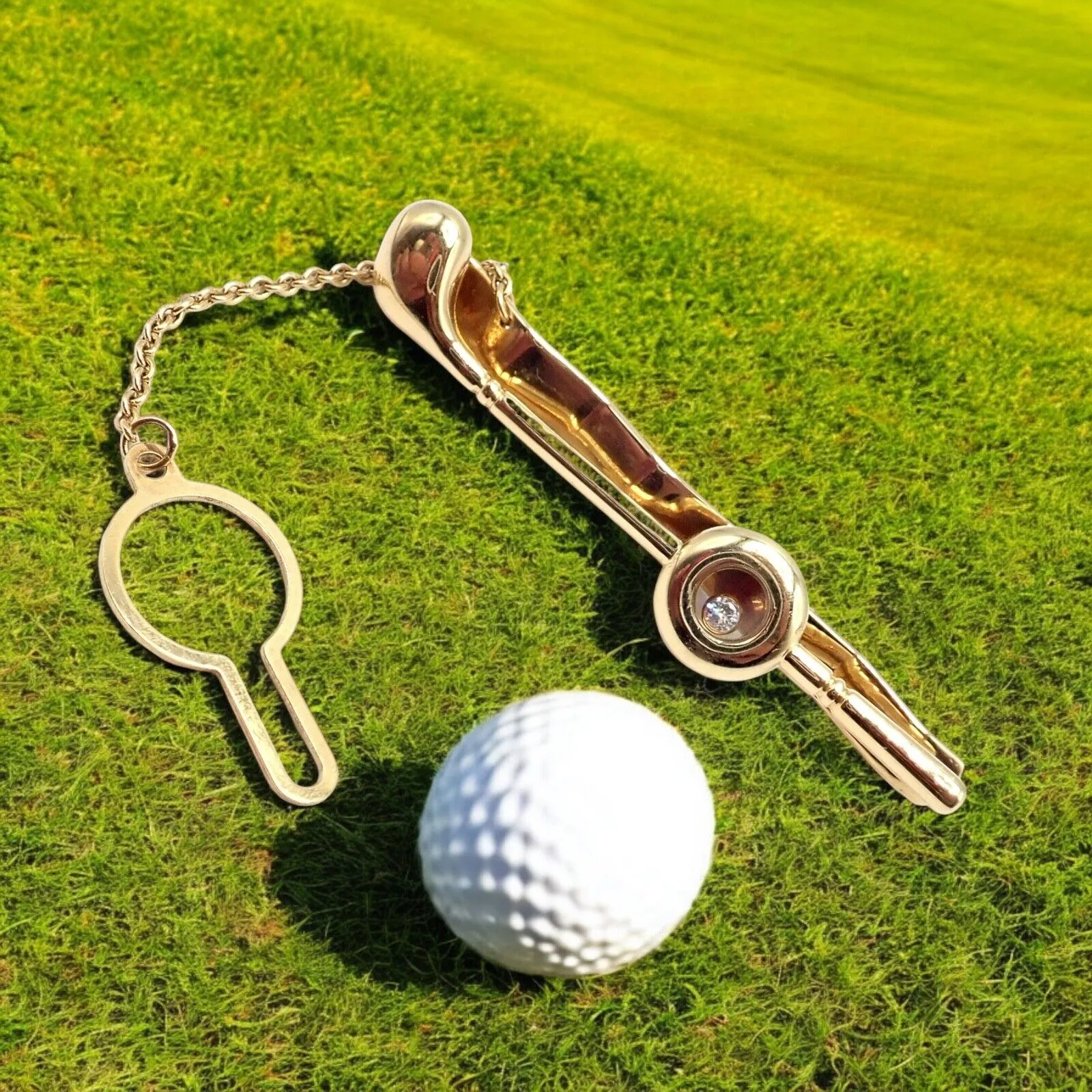 Authentic! Chopard 18k Yellow Gold Happy Diamond Golf Club Tie Clip