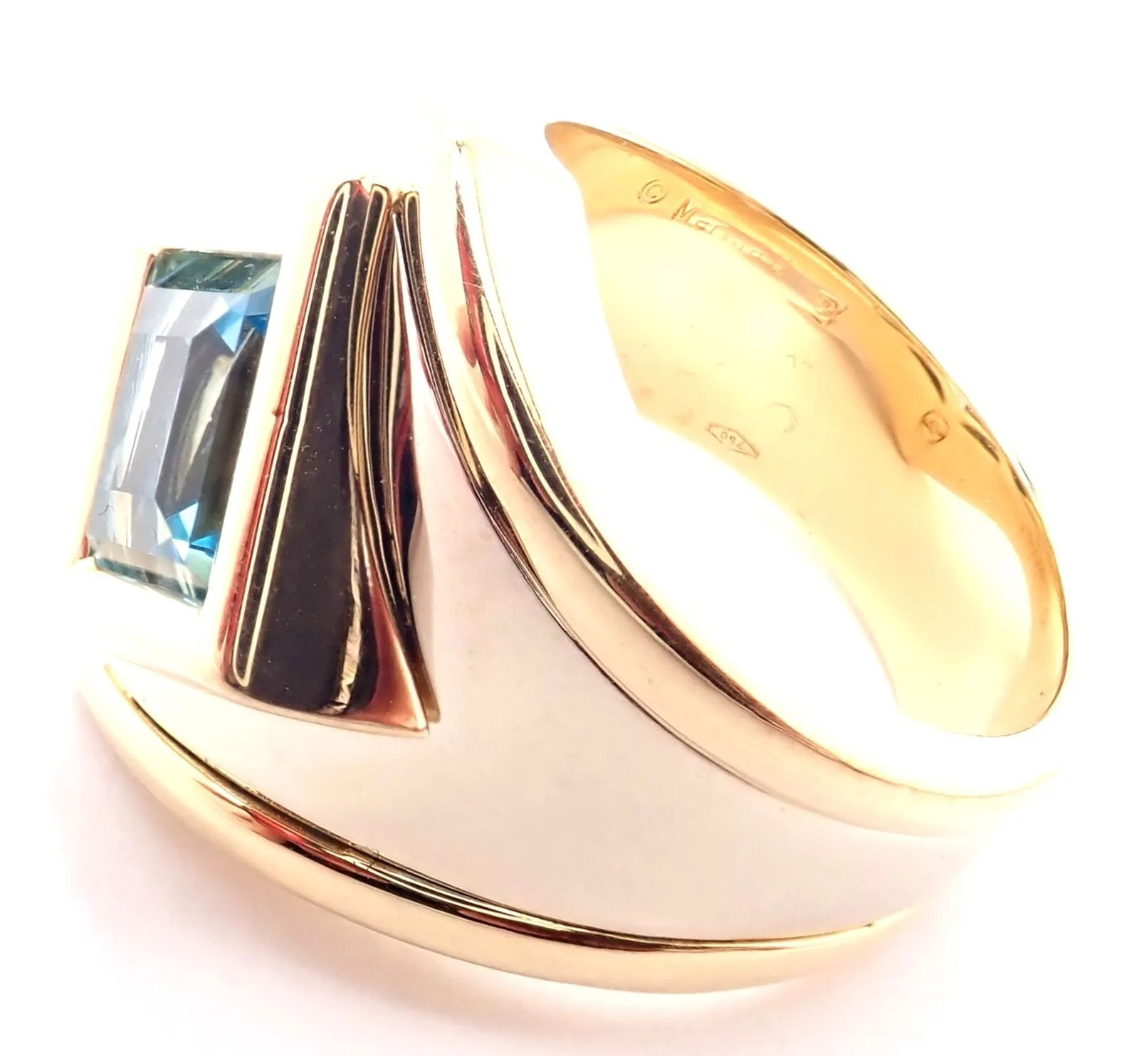 Authentic! Marina B 18k Yellow And White Gold Large Blue Topaz Ring