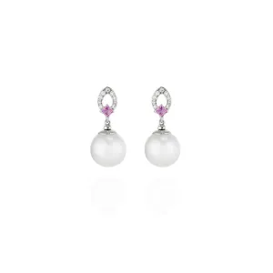 AUTORE 18CT WHITE GOLD SOUTH SEA PEARL, PINK SAPPHIRE & DIAMOND DROP EARRINGS