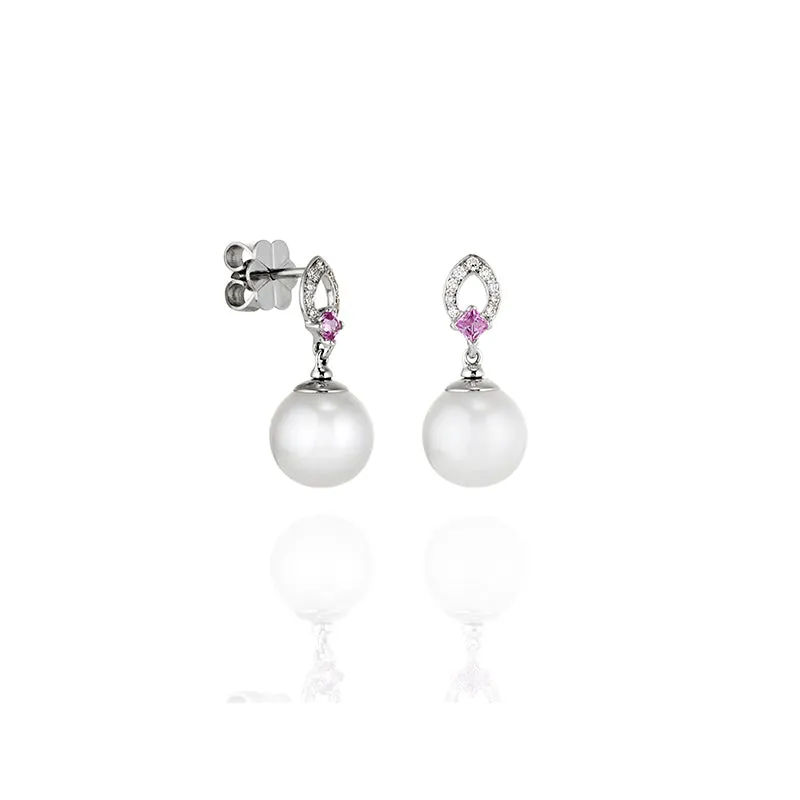 AUTORE 18CT WHITE GOLD SOUTH SEA PEARL, PINK SAPPHIRE & DIAMOND DROP EARRINGS