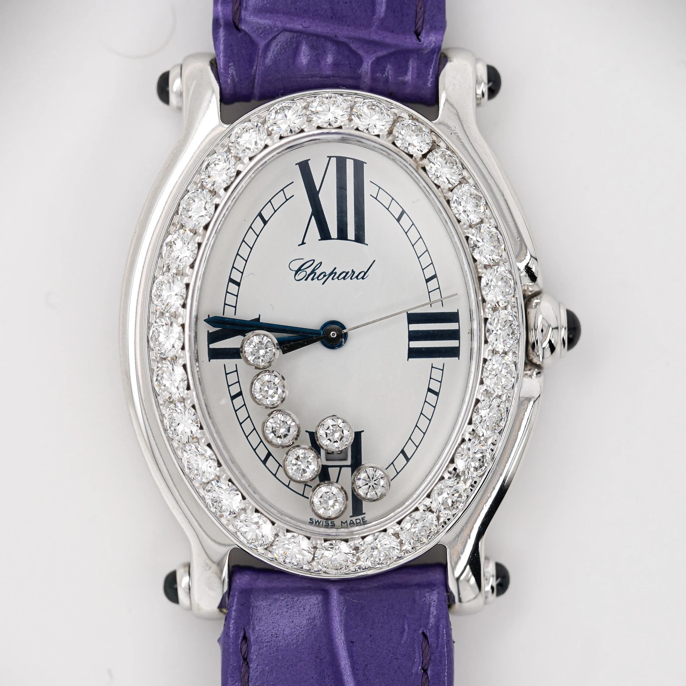 Chopard Happy Sport Floating Diamond & Diamond Bezel Purple Leather Strap Watch