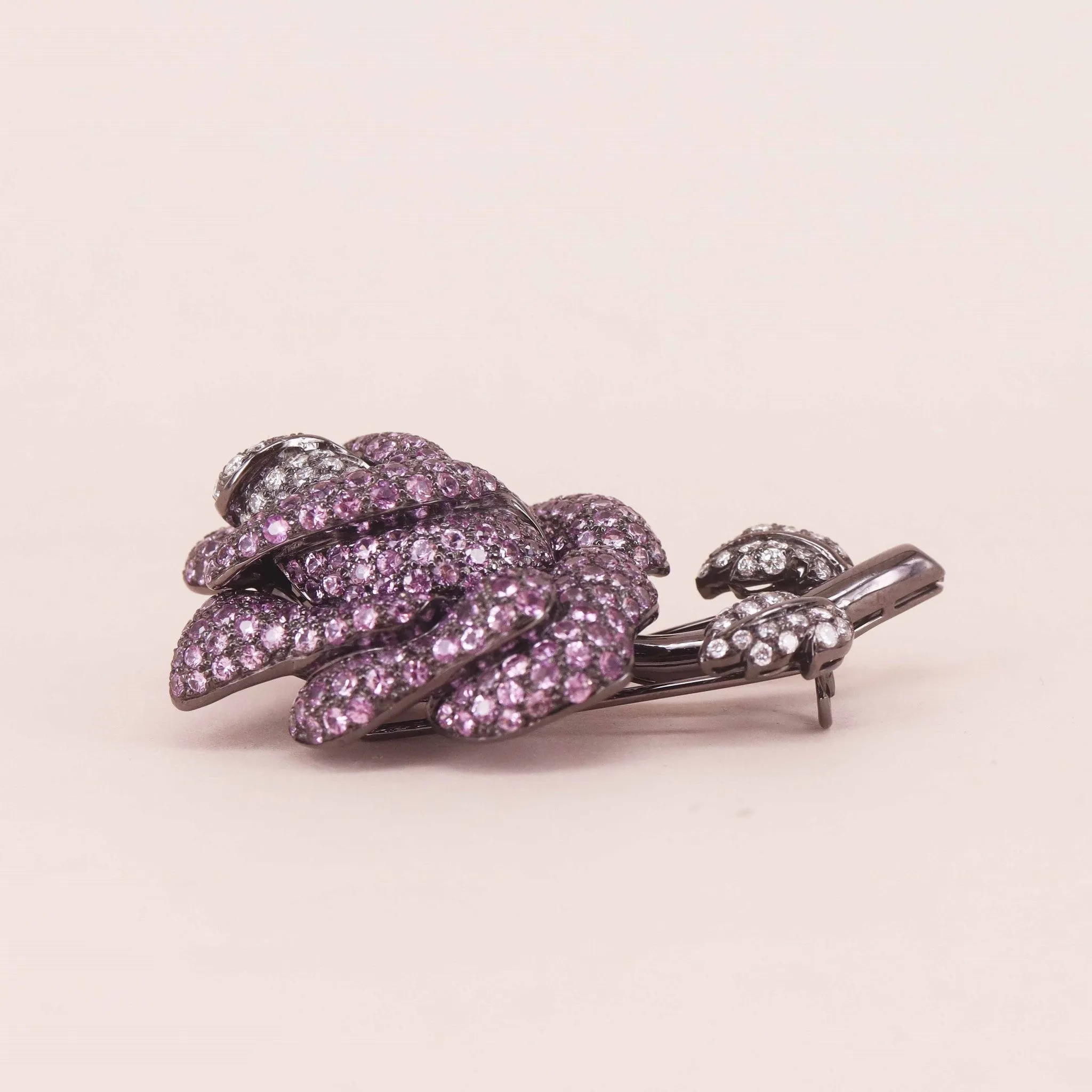 Contemporary 18KT Blackened Gold Sapphire & Diamond Rose Brooch