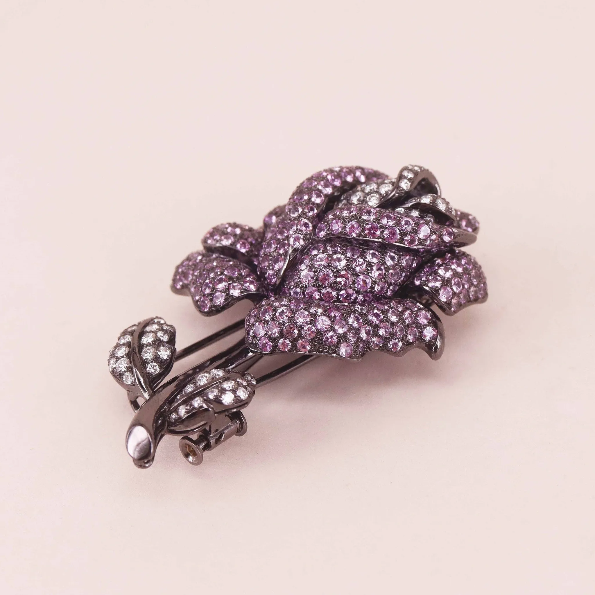 Contemporary 18KT Blackened Gold Sapphire & Diamond Rose Brooch