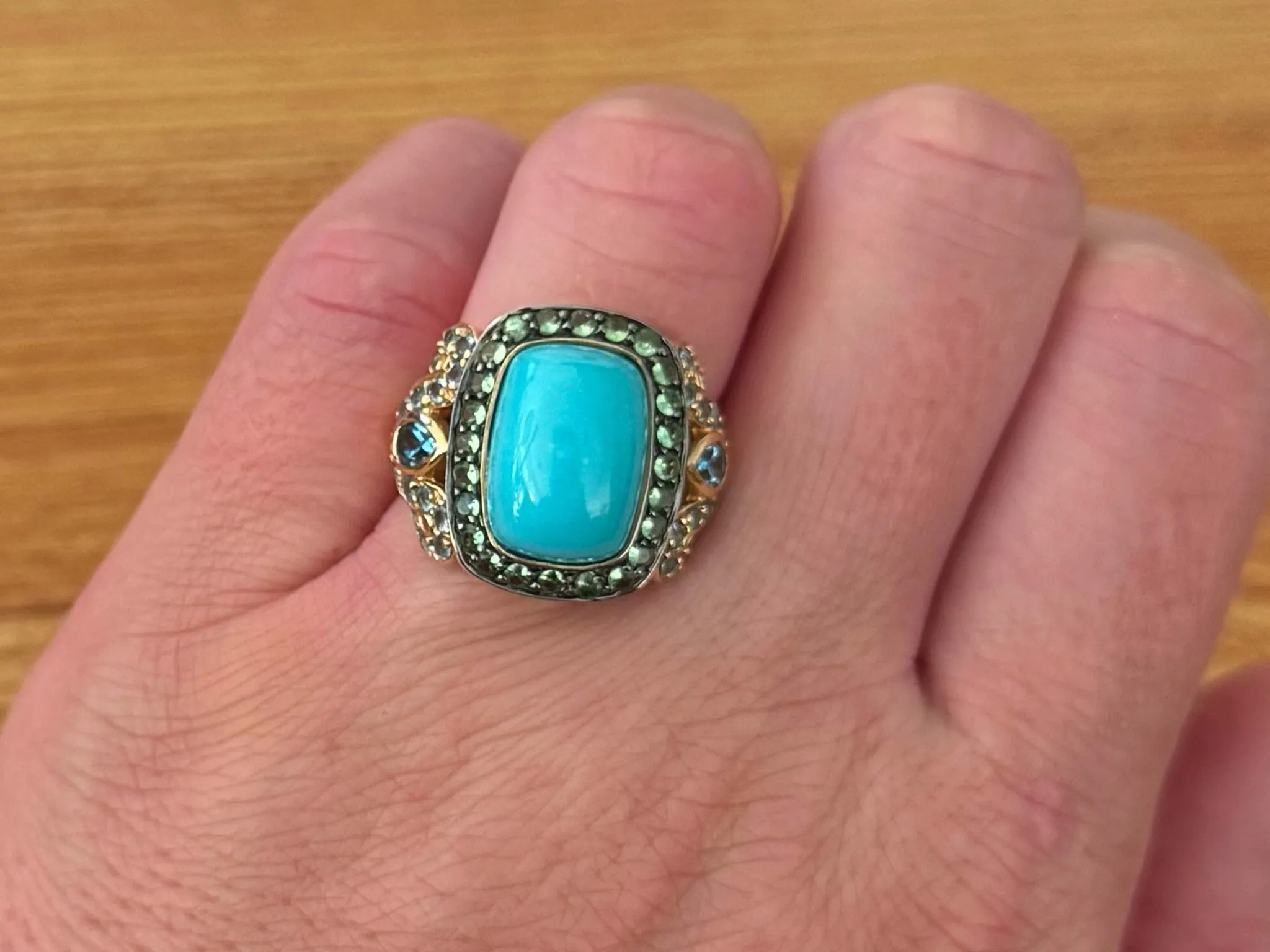 Cushion Cabochon Turquoise Peridot and Blue Topaz Ring 14k Yellow Gold