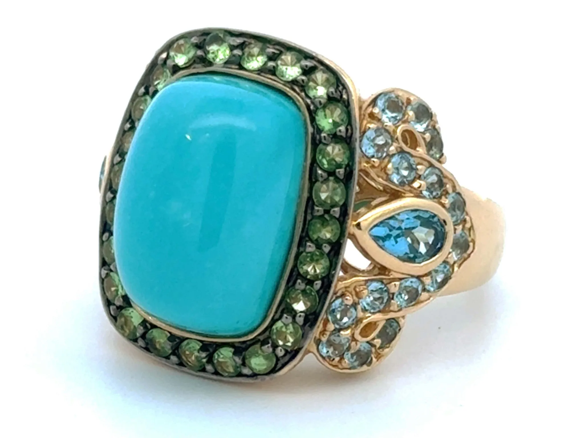 Cushion Cabochon Turquoise Peridot and Blue Topaz Ring 14k Yellow Gold