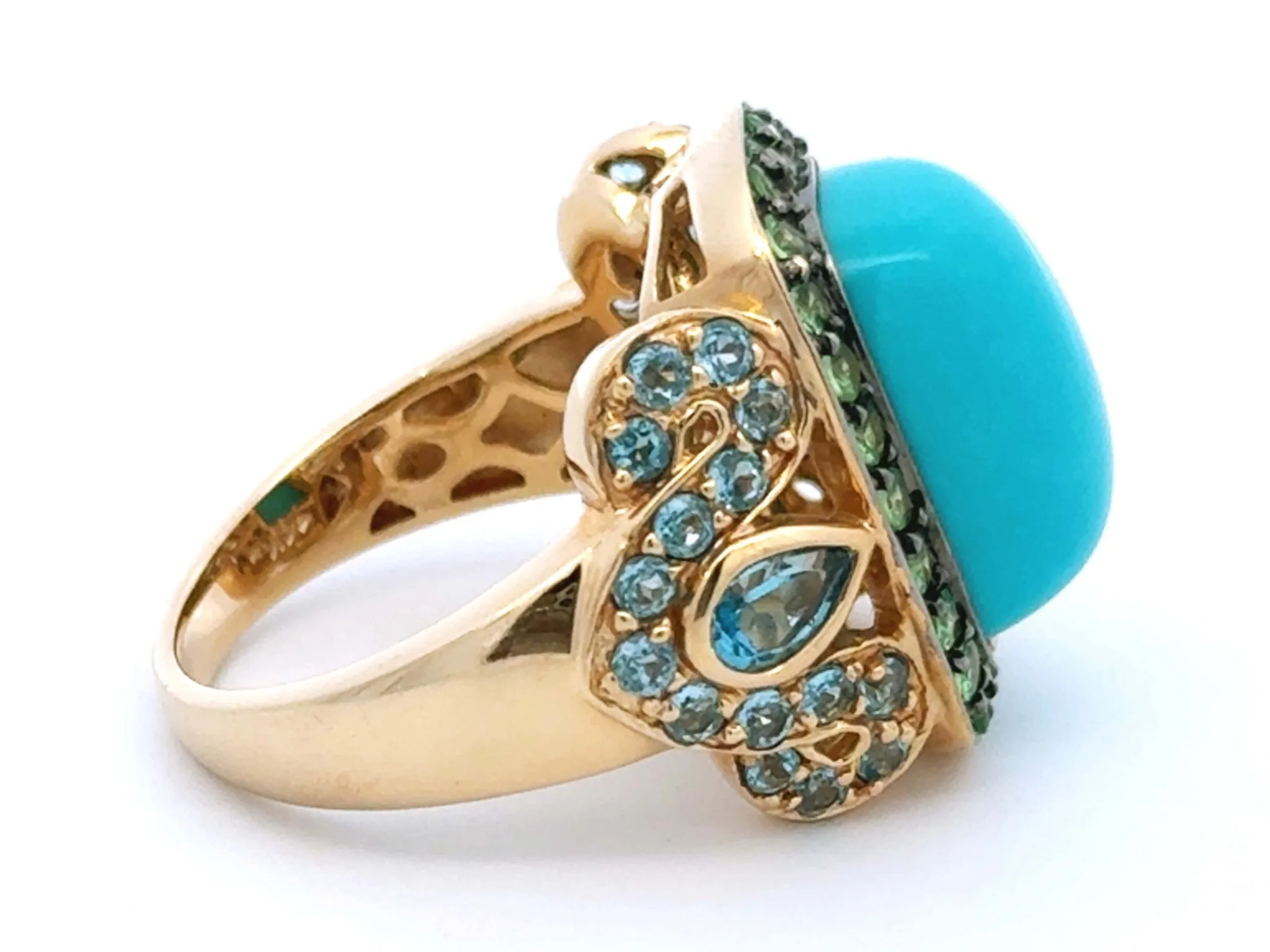 Cushion Cabochon Turquoise Peridot and Blue Topaz Ring 14k Yellow Gold