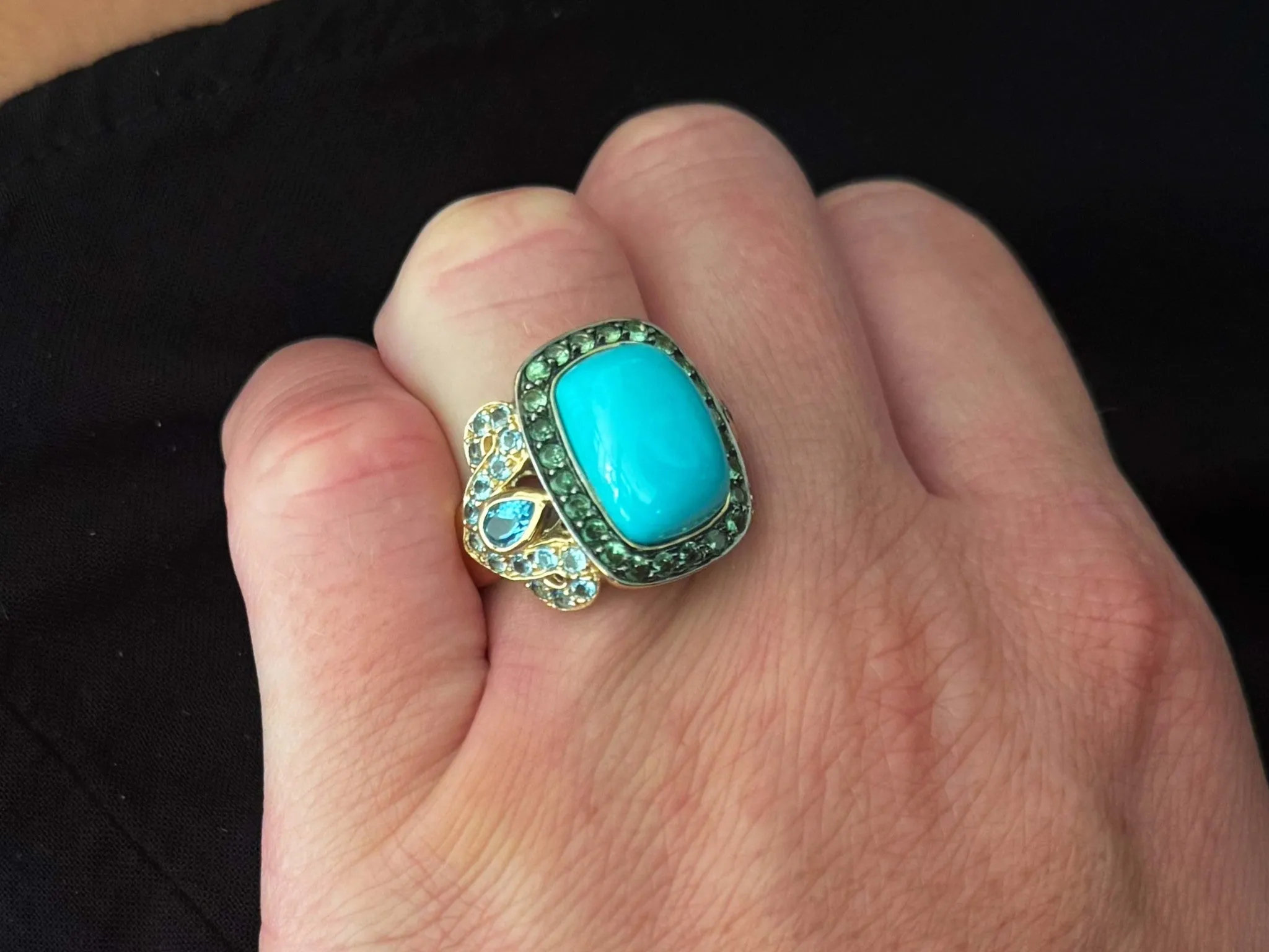 Cushion Cabochon Turquoise Peridot and Blue Topaz Ring 14k Yellow Gold