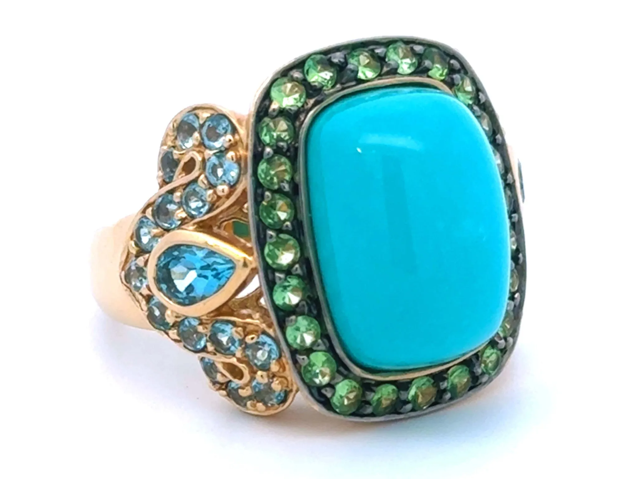 Cushion Cabochon Turquoise Peridot and Blue Topaz Ring 14k Yellow Gold